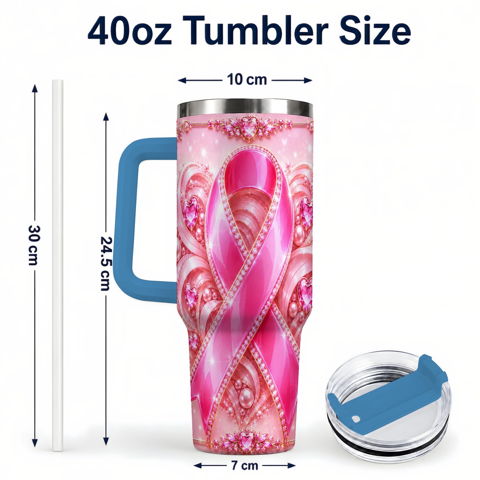 #pl[40oz|Blue] Awareness Ribbon 40oz Tumbler with Handle, Heart Theme Travel Cup