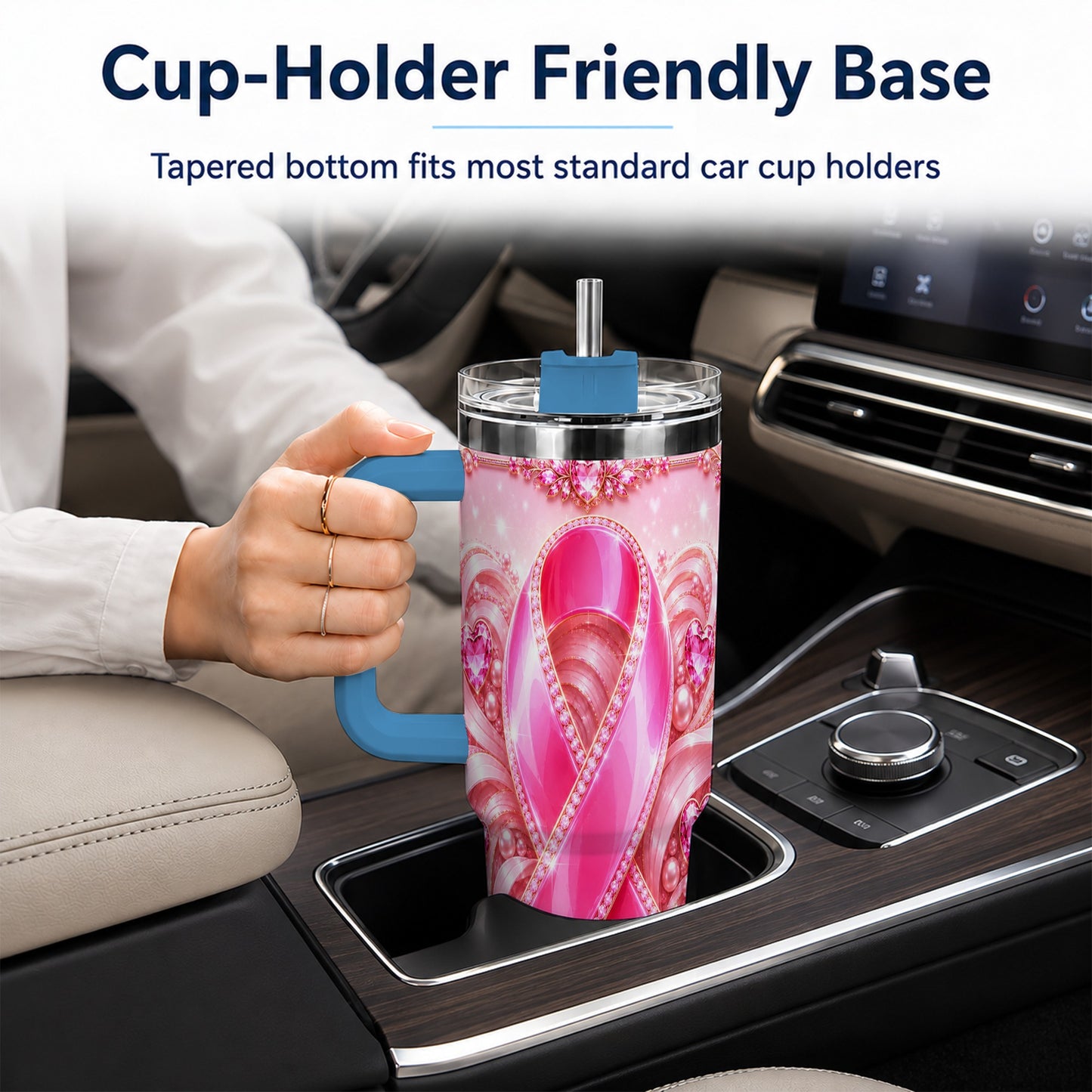 #pl[40oz|Blue] Awareness Ribbon 40oz Tumbler with Handle, Heart Theme Travel Cup