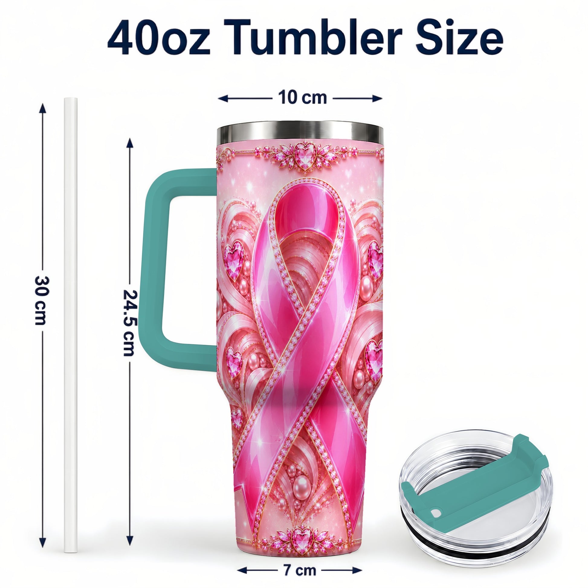 #pl[40oz|Green] Awareness Ribbon 40oz Tumbler with Handle, Heart Theme Travel Cup
