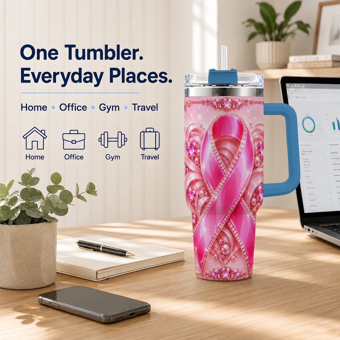 #pl[40oz|Blue] Awareness Ribbon 40oz Tumbler with Handle, Heart Theme Travel Cup