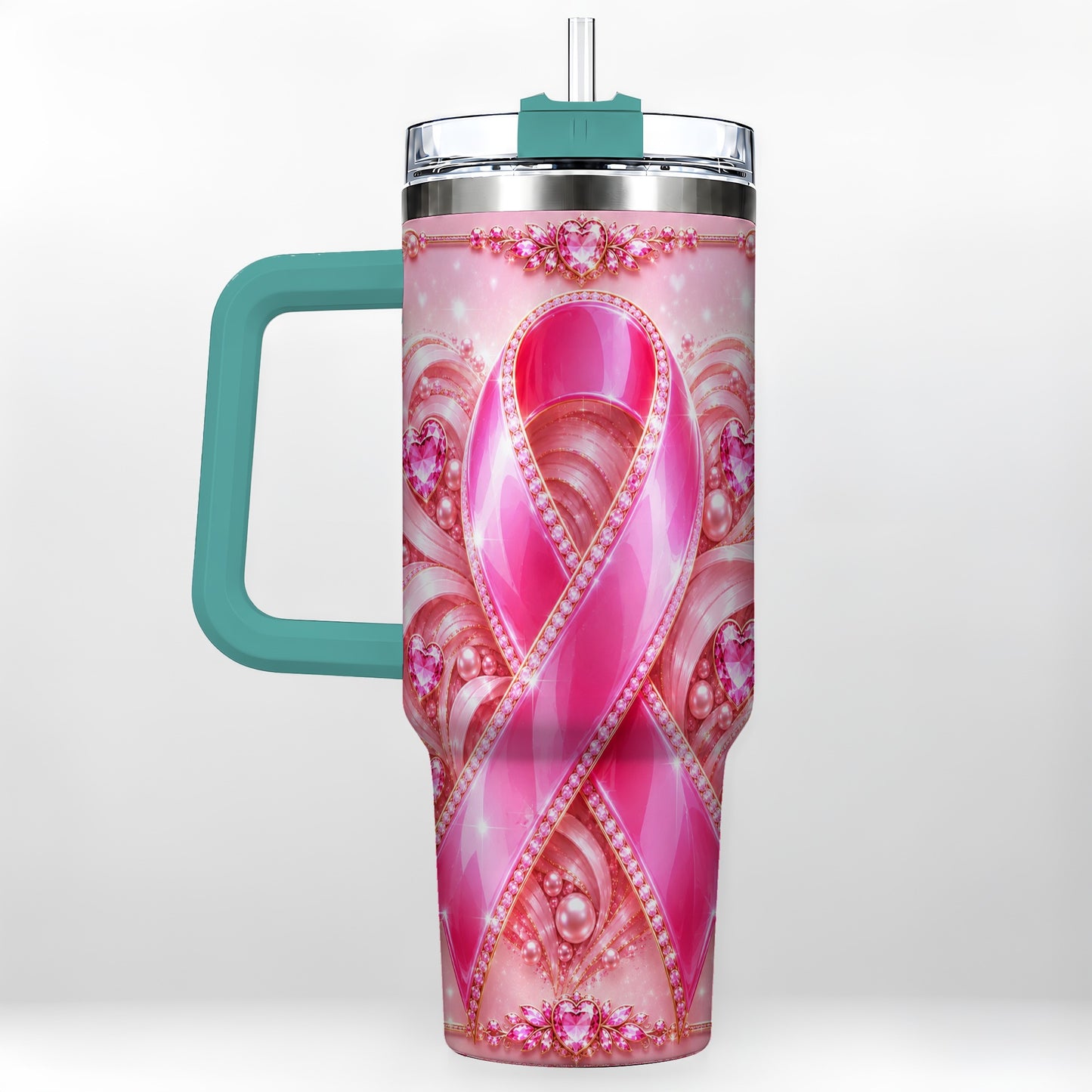 #pl[40oz|Green] Awareness Ribbon 40oz Tumbler with Handle, Heart Theme Travel Cup