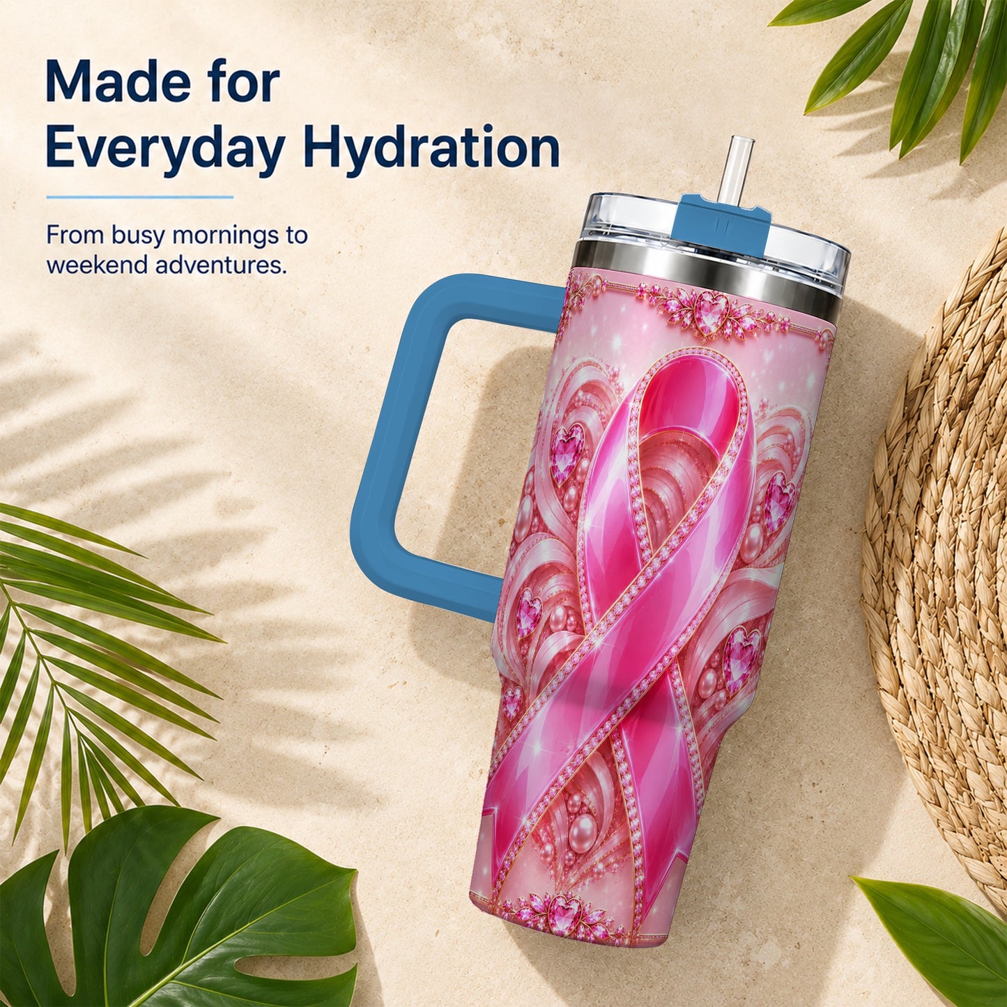 #pl[40oz|Blue] Awareness Ribbon 40oz Tumbler with Handle, Heart Theme Travel Cup