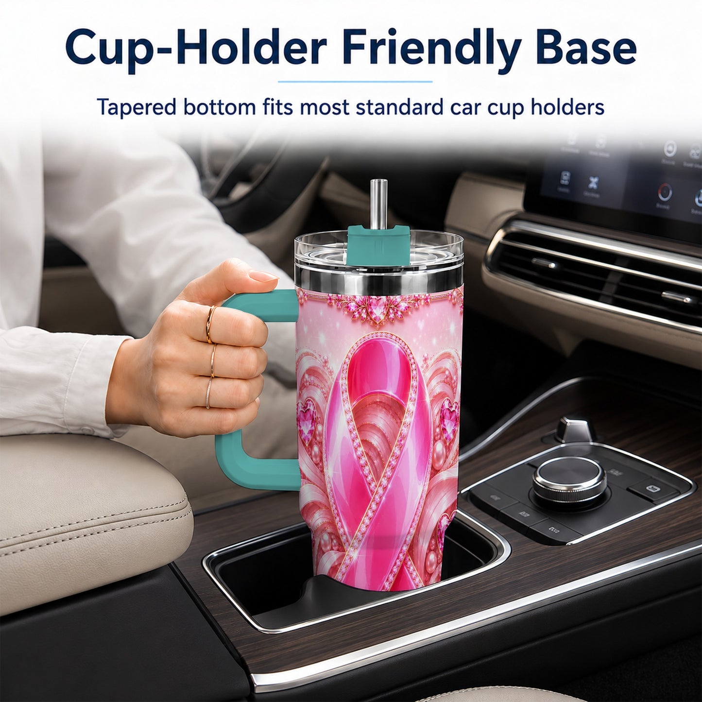 #pl[40oz|Green] Awareness Ribbon 40oz Tumbler with Handle, Heart Theme Travel Cup