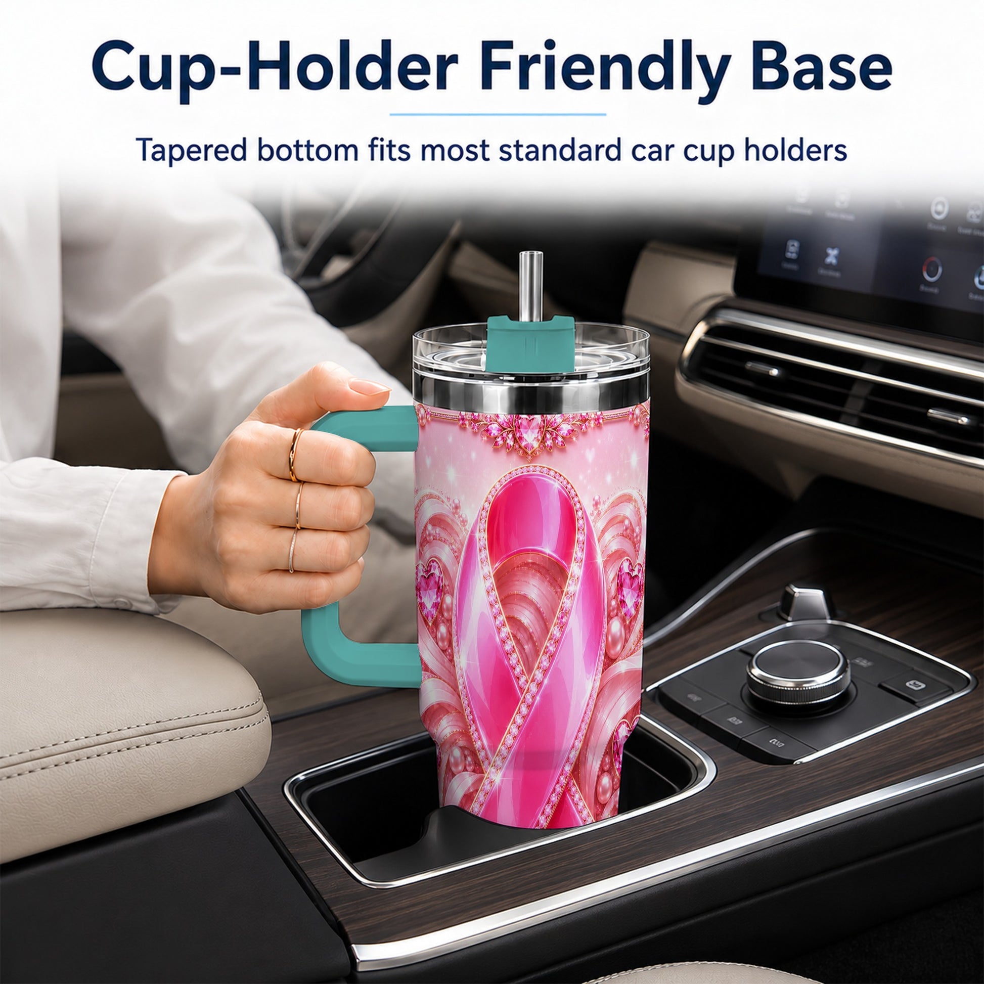 #pl[40oz|Green] Awareness Ribbon 40oz Tumbler with Handle, Heart Theme Travel Cup