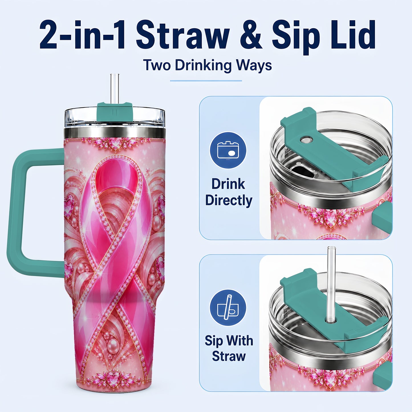 #pl[40oz|Green] Awareness Ribbon 40oz Tumbler with Handle, Heart Theme Travel Cup