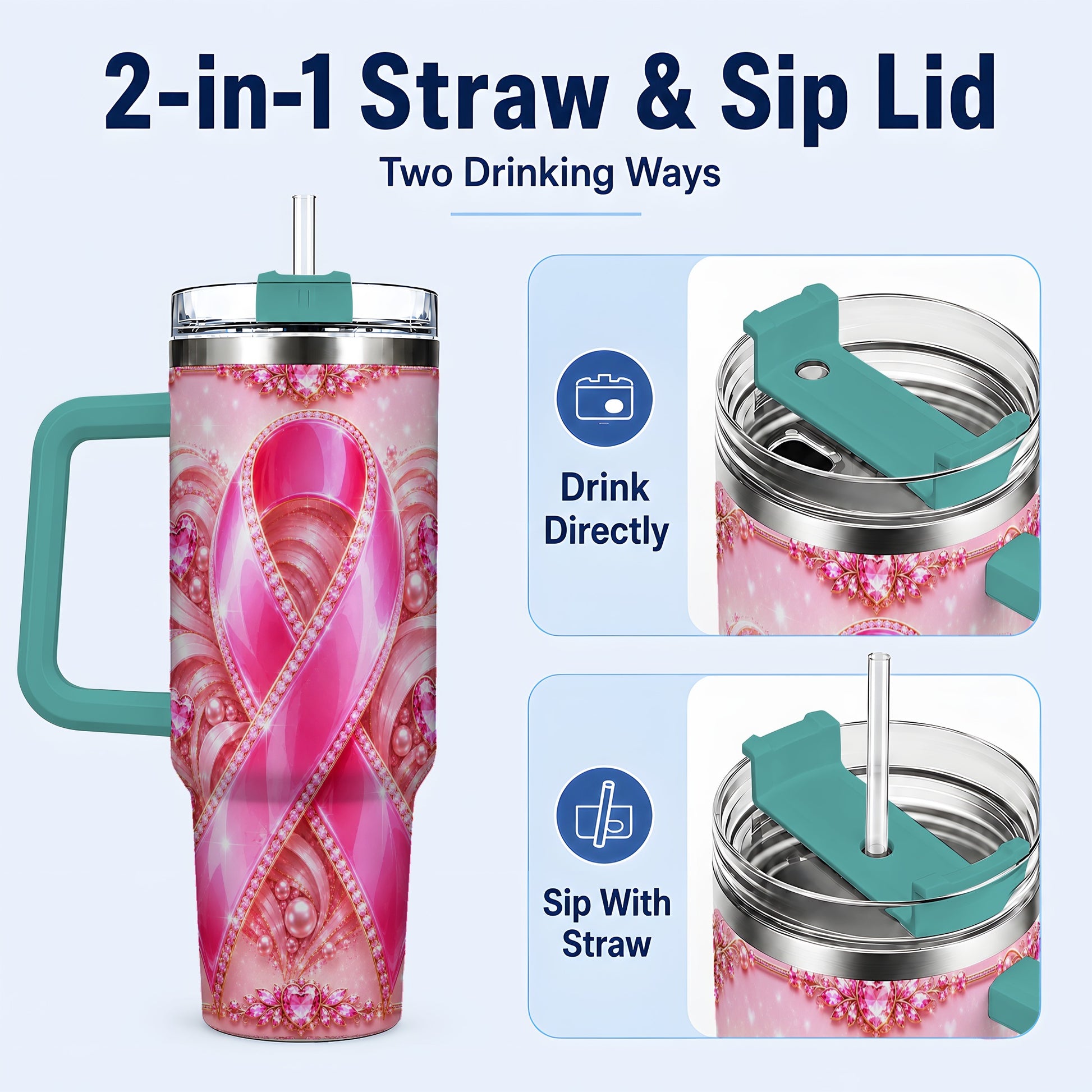 #pl[40oz|Green] Awareness Ribbon 40oz Tumbler with Handle, Heart Theme Travel Cup