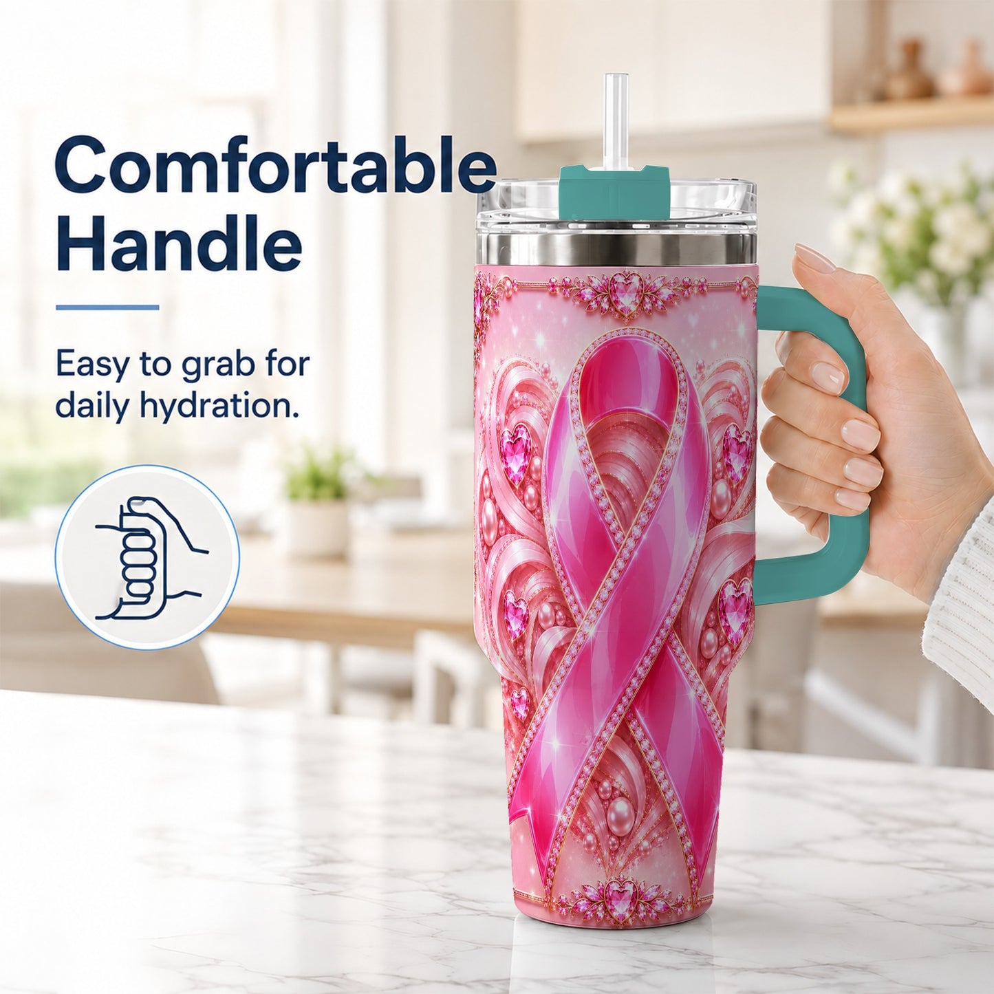 #pl[40oz|Green] Awareness Ribbon 40oz Tumbler with Handle, Heart Theme Travel Cup