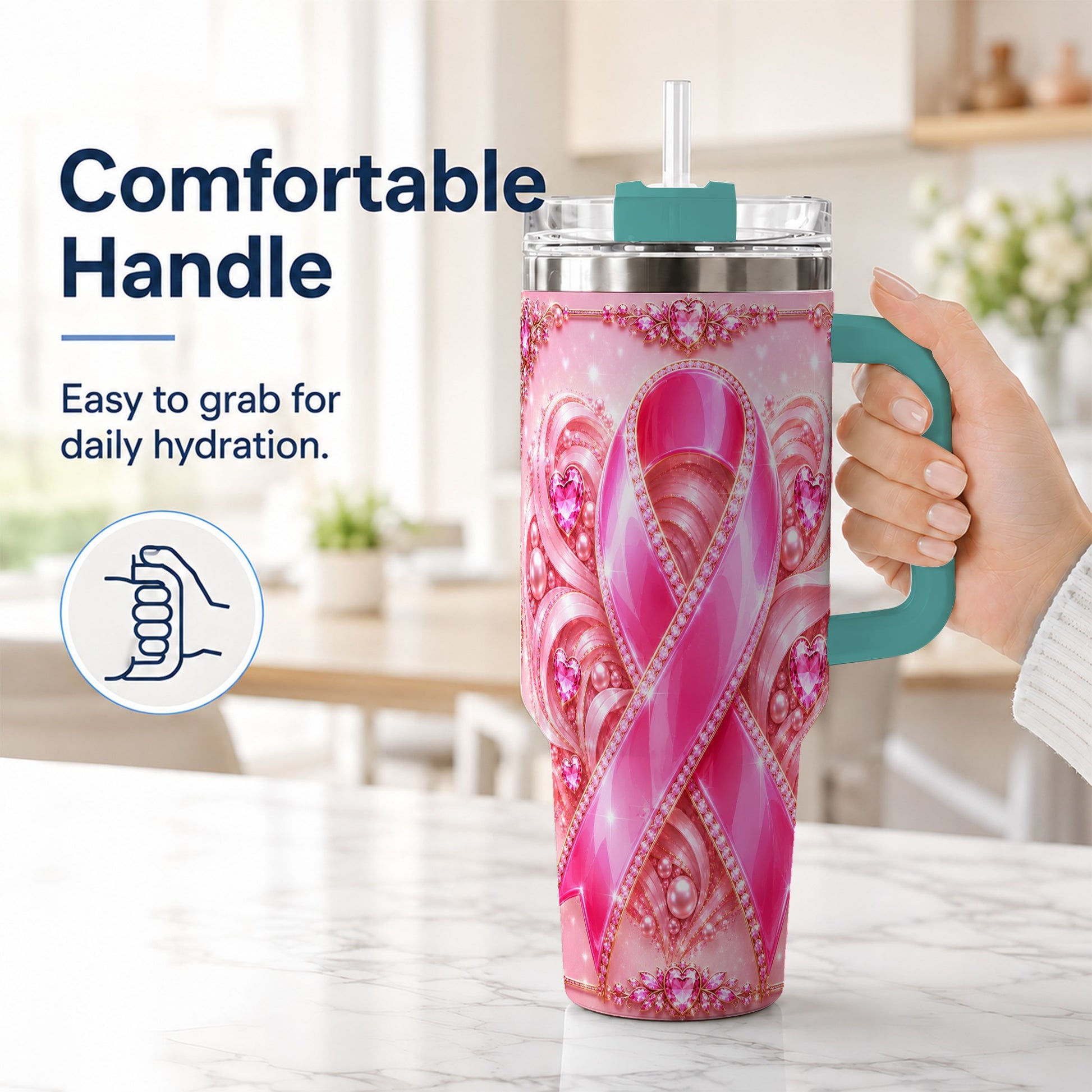 #pl[40oz|Green] Awareness Ribbon 40oz Tumbler with Handle, Heart Theme Travel Cup