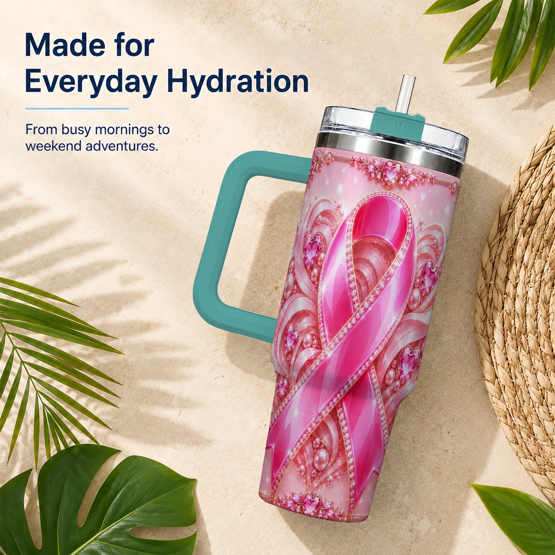 #pl[40oz|Green] Awareness Ribbon 40oz Tumbler with Handle, Heart Theme Travel Cup