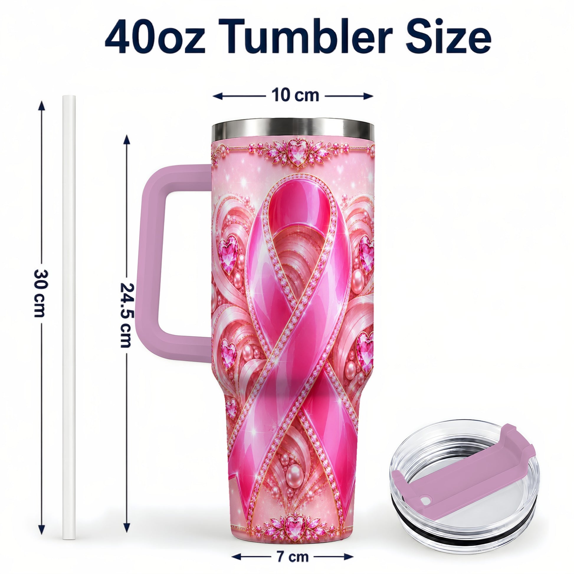 #pl[40oz|Pink] Awareness Ribbon 40oz Tumbler with Handle, Heart Theme Travel Cup