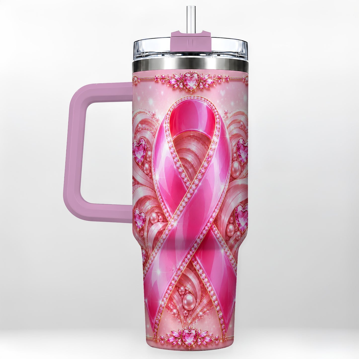 #pl[40oz|Pink] Awareness Ribbon 40oz Tumbler with Handle, Heart Theme Travel Cup