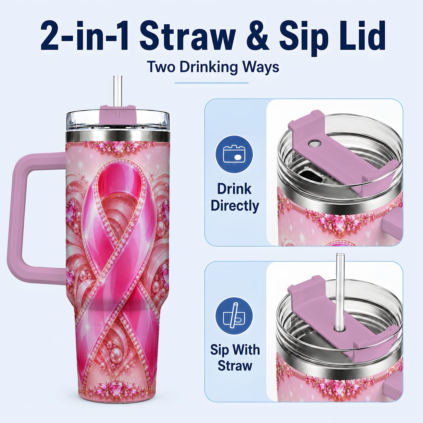 #pl[40oz|Pink] Awareness Ribbon 40oz Tumbler with Handle, Heart Theme Travel Cup