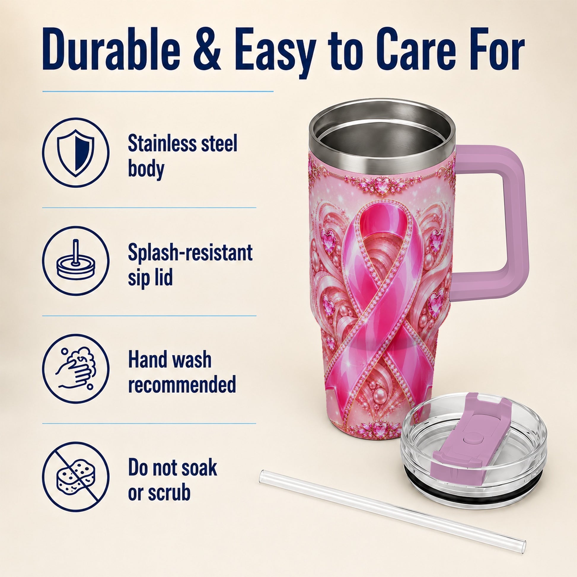 #pl[40oz|Pink] Awareness Ribbon 40oz Tumbler with Handle, Heart Theme Travel Cup