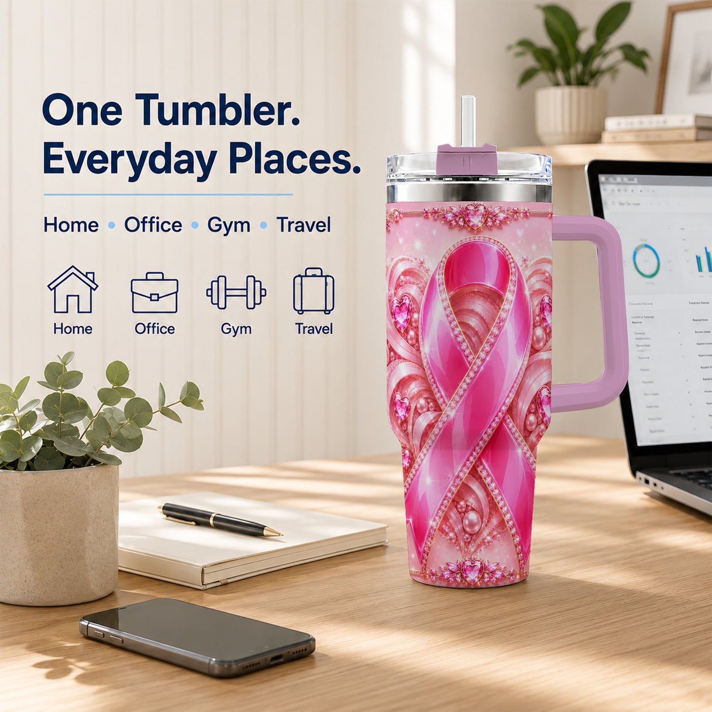 #pl[40oz|Pink] Awareness Ribbon 40oz Tumbler with Handle, Heart Theme Travel Cup