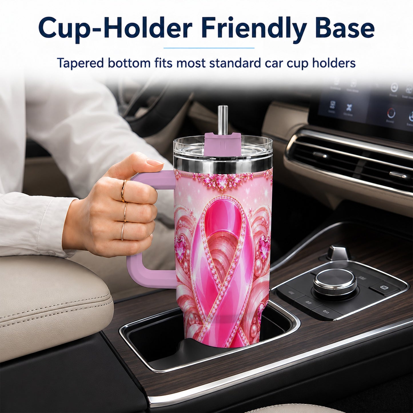 #pl[40oz|Pink] Awareness Ribbon 40oz Tumbler with Handle, Heart Theme Travel Cup