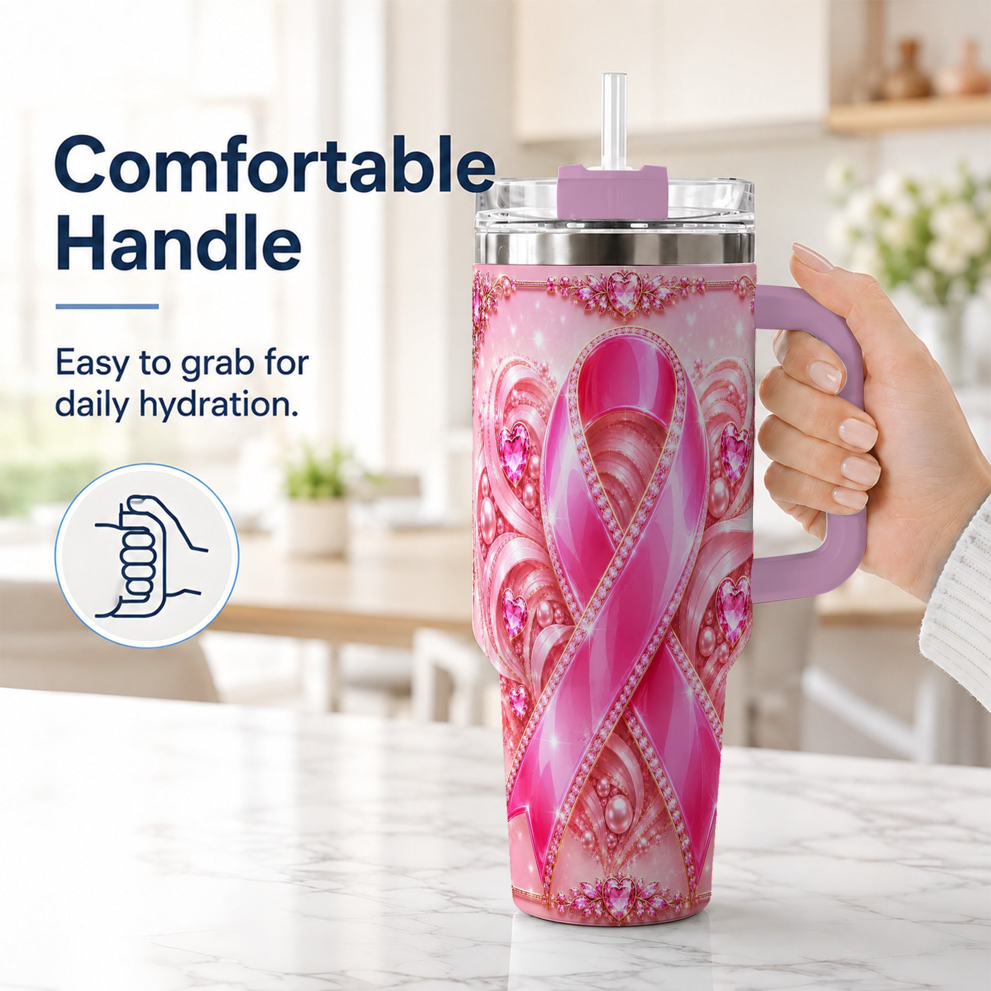 #pl[40oz|Pink] Awareness Ribbon 40oz Tumbler with Handle, Heart Theme Travel Cup