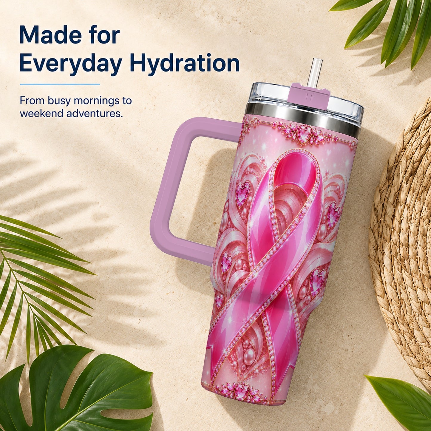 #pl[40oz|Pink] Awareness Ribbon 40oz Tumbler with Handle, Heart Theme Travel Cup