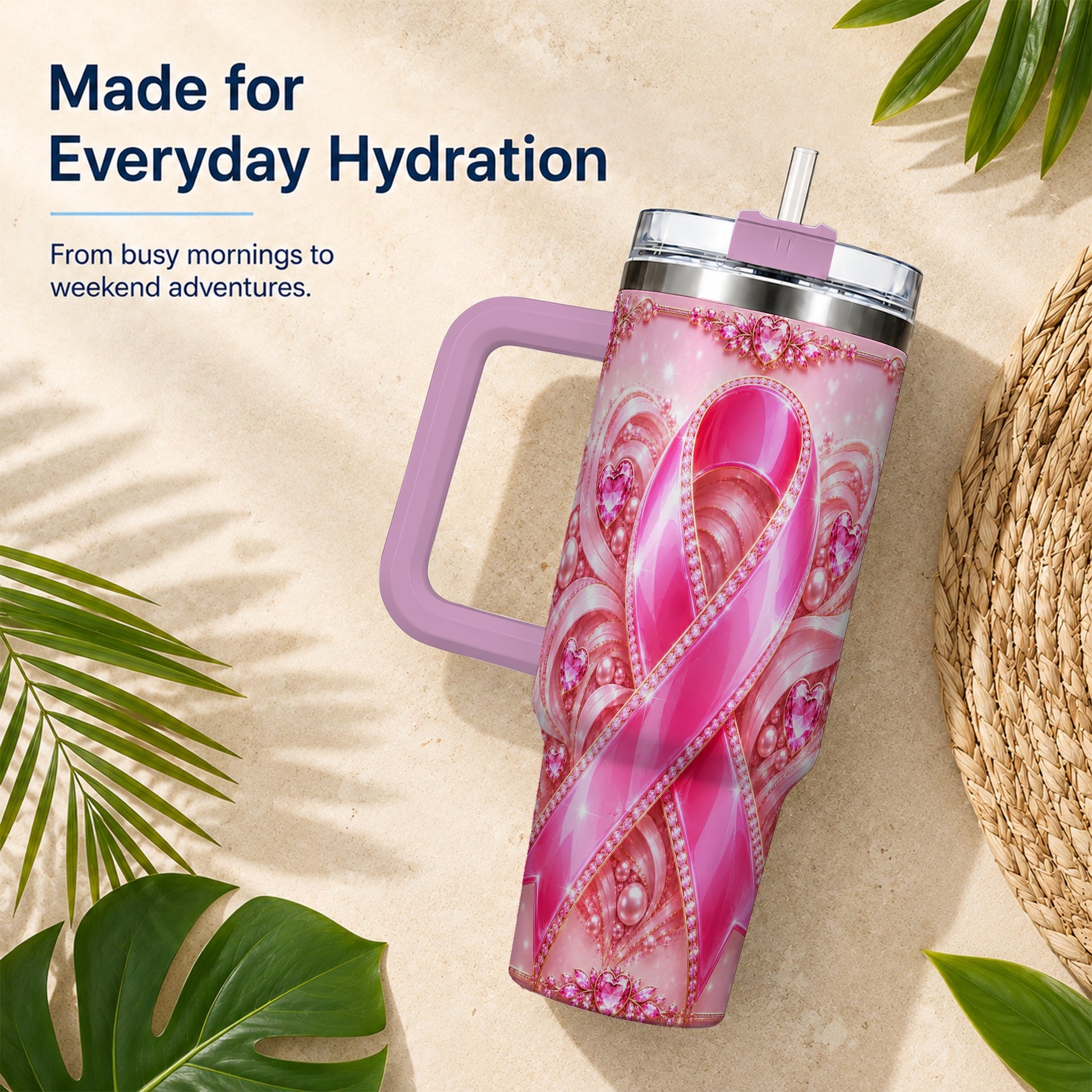#pl[40oz|Pink] Awareness Ribbon 40oz Tumbler with Handle, Heart Theme Travel Cup