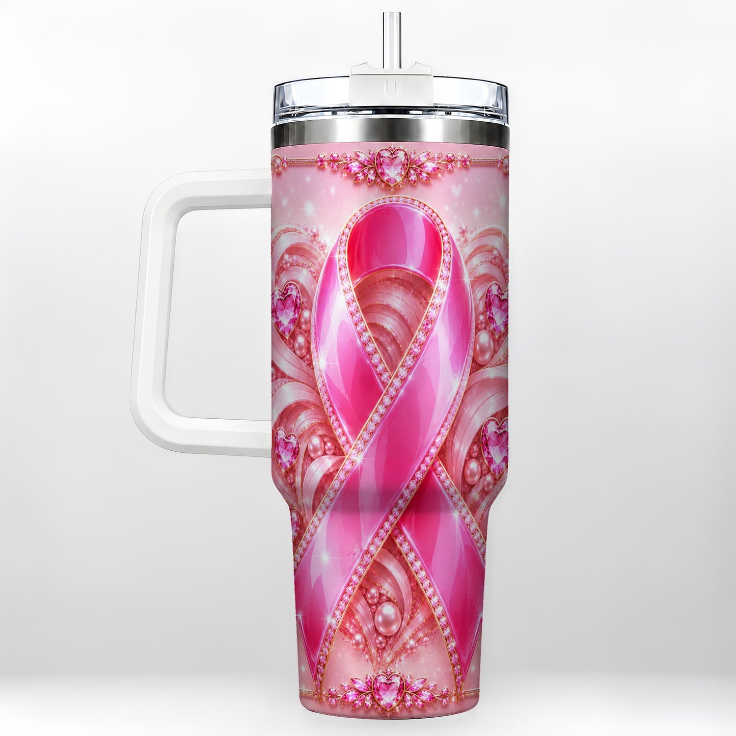 #pl[40oz|White] Awareness Ribbon 40oz Tumbler with Handle, Heart Theme Travel Cup