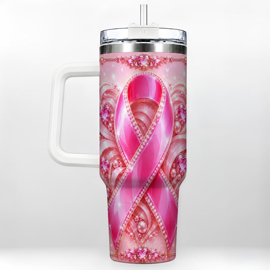 #pl[40oz|White] Awareness Ribbon 40oz Tumbler with Handle, Heart Theme Travel Cup