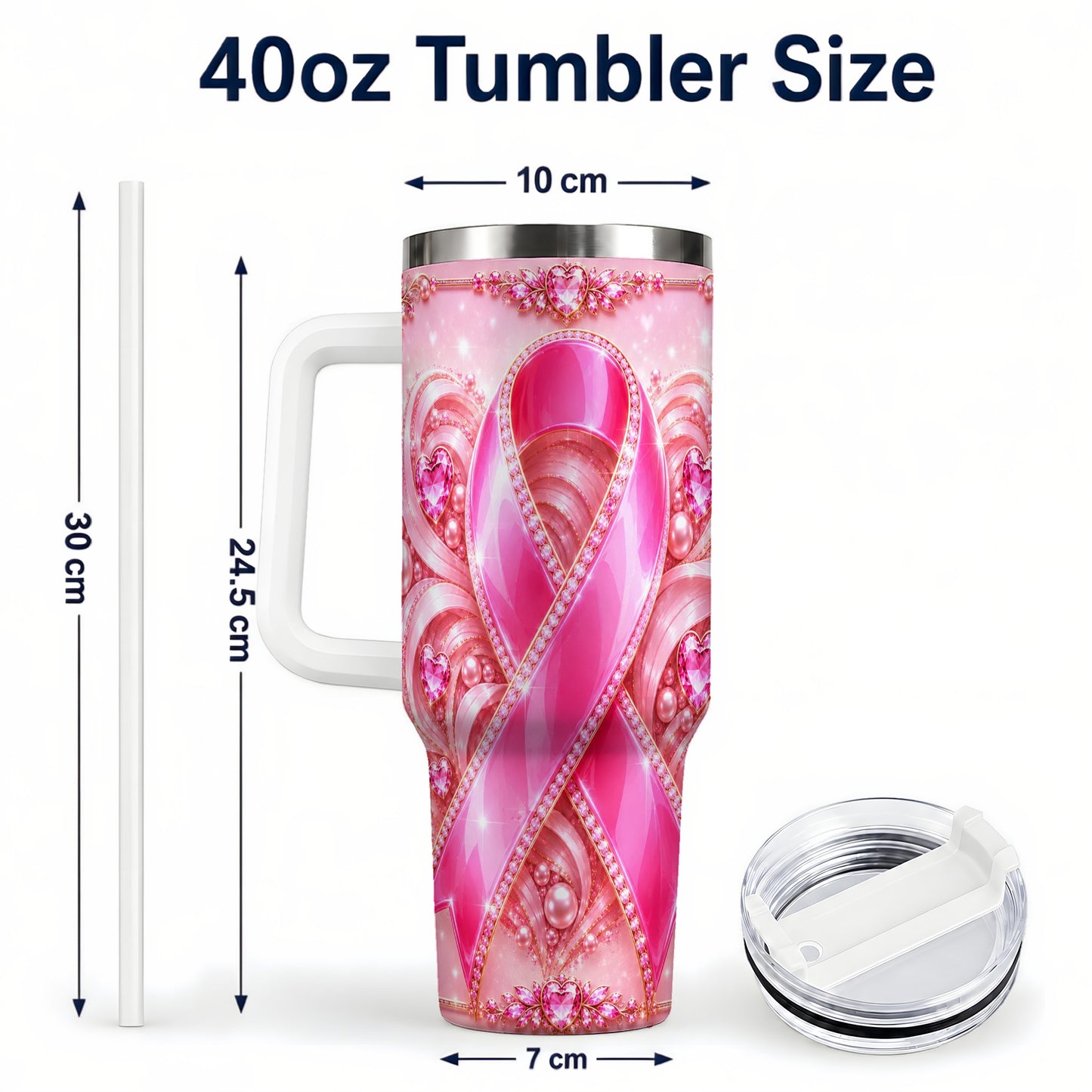 #pl[40oz|White] Awareness Ribbon 40oz Tumbler with Handle, Heart Theme Travel Cup