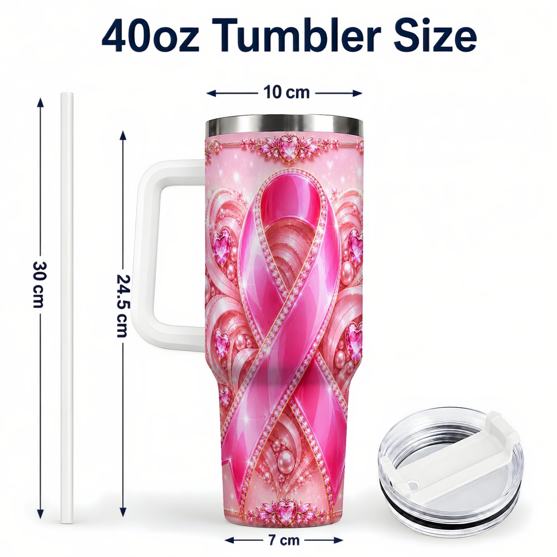 #pl[40oz|White] Awareness Ribbon 40oz Tumbler with Handle, Heart Theme Travel Cup