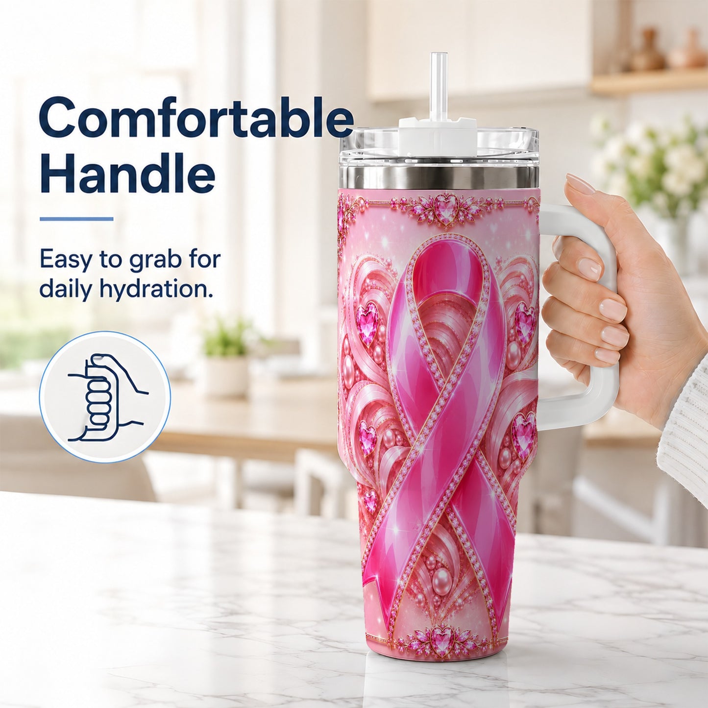 #pl[40oz|White] Awareness Ribbon 40oz Tumbler with Handle, Heart Theme Travel Cup