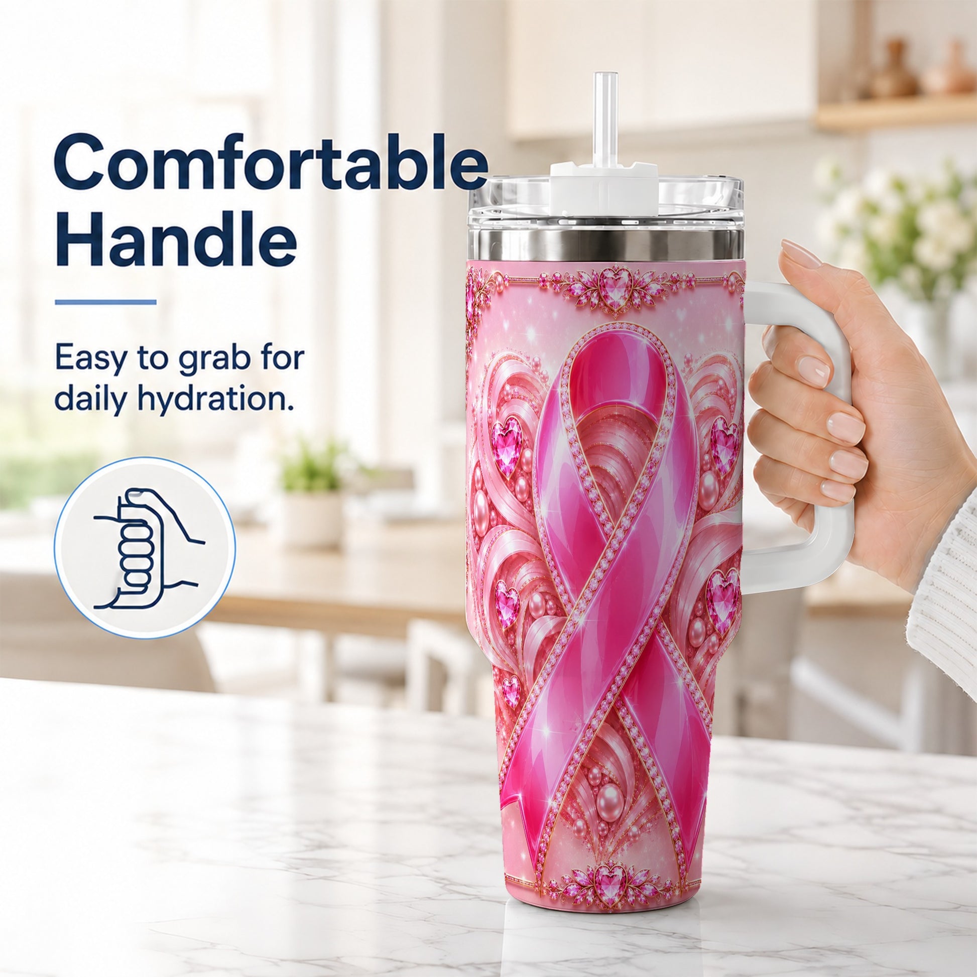#pl[40oz|White] Awareness Ribbon 40oz Tumbler with Handle, Heart Theme Travel Cup