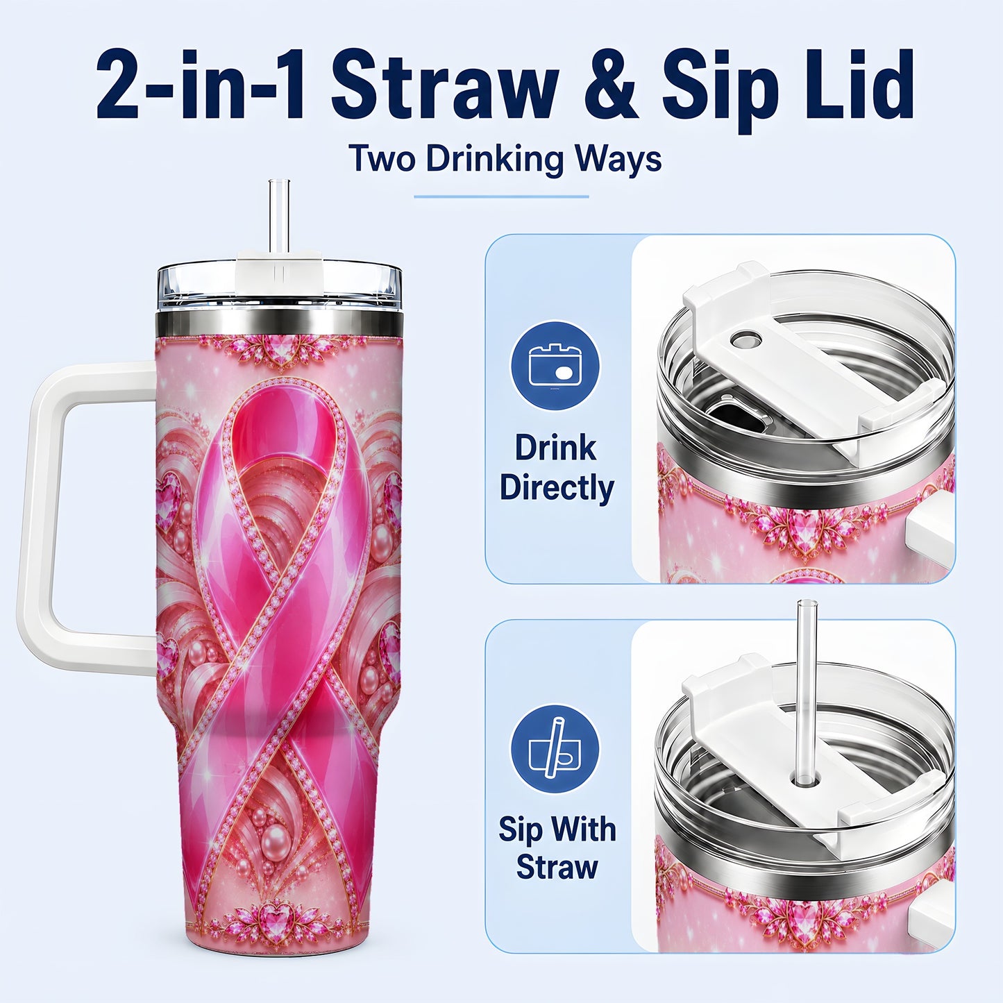 #pl[40oz|White] Awareness Ribbon 40oz Tumbler with Handle, Heart Theme Travel Cup