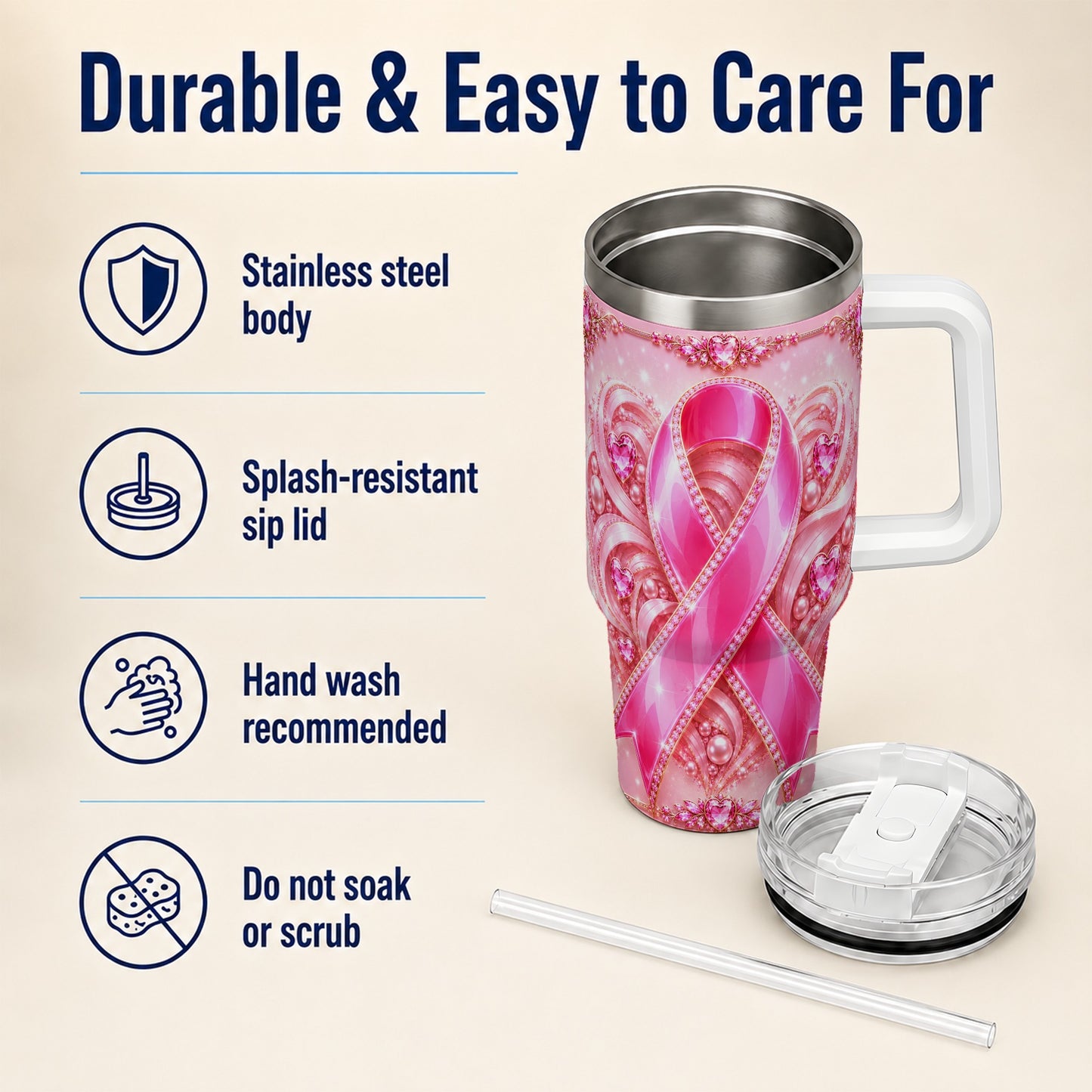 #pl[40oz|White] Awareness Ribbon 40oz Tumbler with Handle, Heart Theme Travel Cup