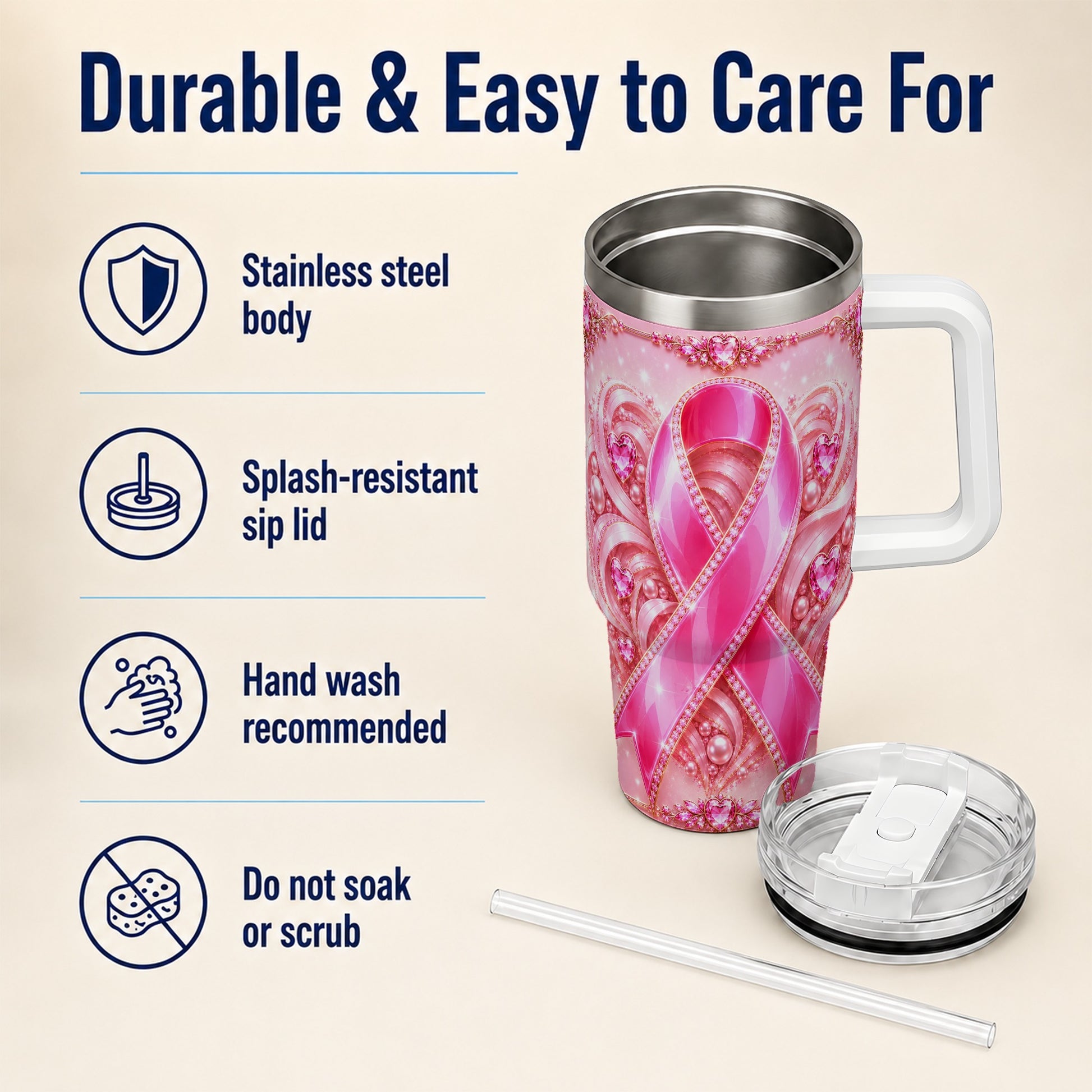 #pl[40oz|White] Awareness Ribbon 40oz Tumbler with Handle, Heart Theme Travel Cup