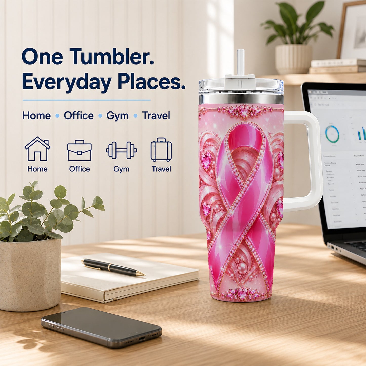 #pl[40oz|White] Awareness Ribbon 40oz Tumbler with Handle, Heart Theme Travel Cup