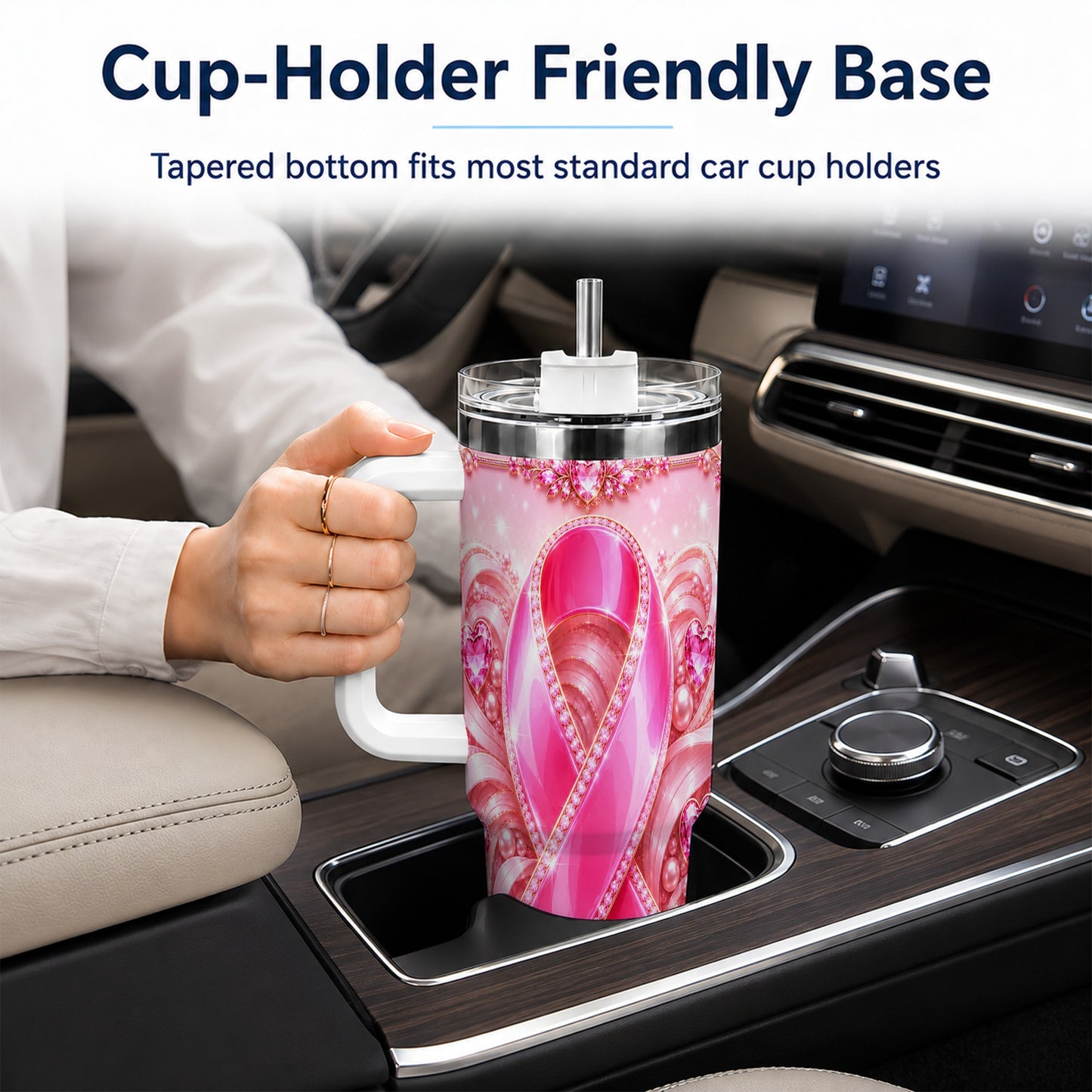 #pl[40oz|White] Awareness Ribbon 40oz Tumbler with Handle, Heart Theme Travel Cup