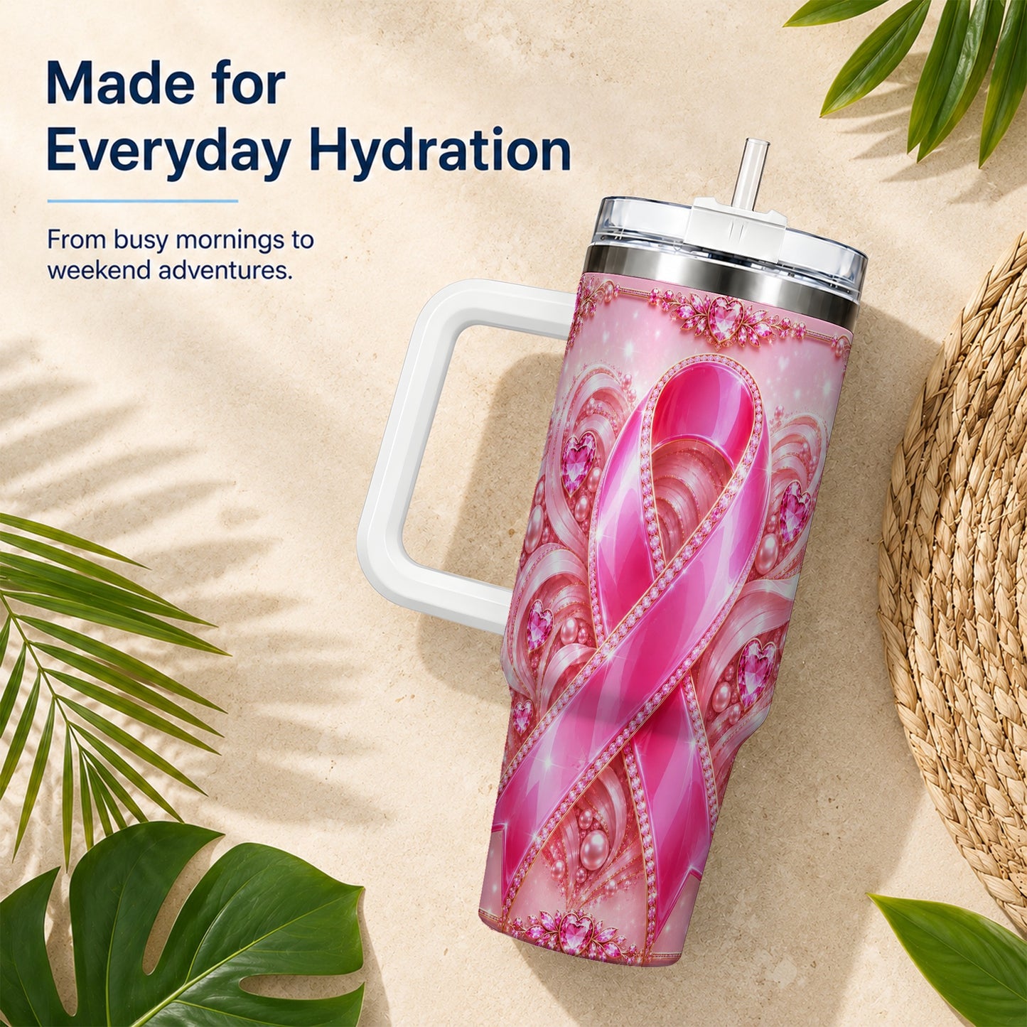 #pl[40oz|White] Awareness Ribbon 40oz Tumbler with Handle, Heart Theme Travel Cup