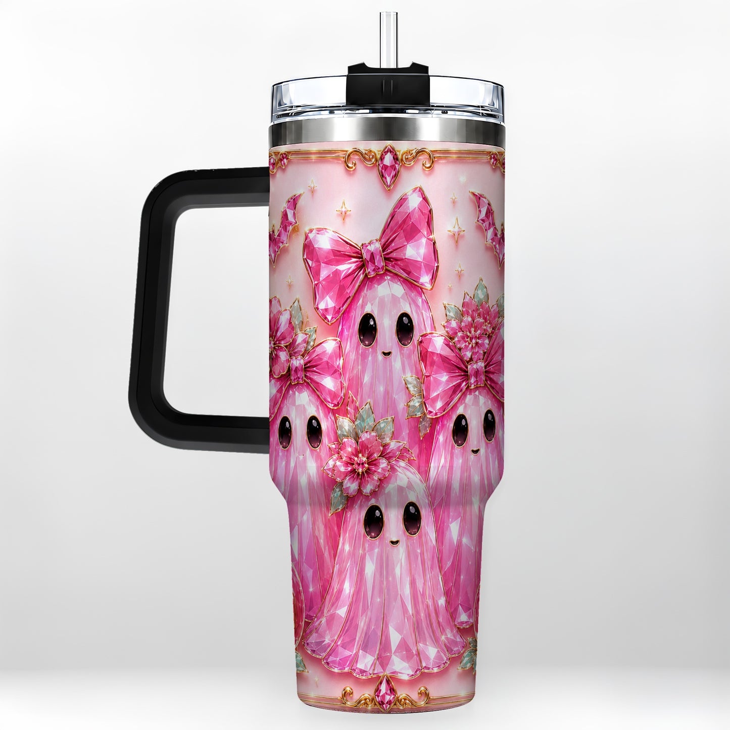 #pl[40oz|Black] Halloween Ghost 40oz Tumbler with Handle, Cute Spooky Travel Cup