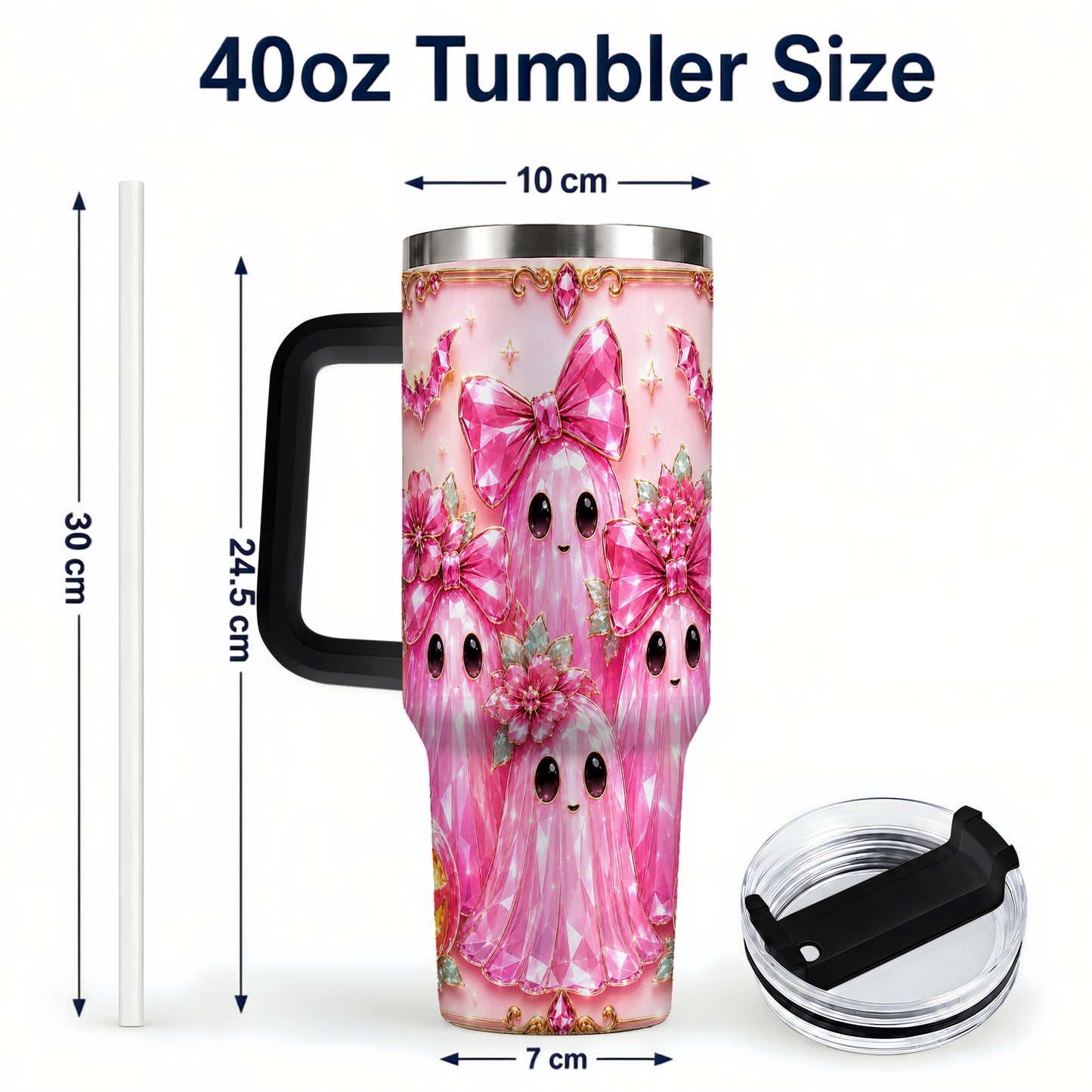 #pl[40oz|Black] Halloween Ghost 40oz Tumbler with Handle, Cute Spooky Travel Cup