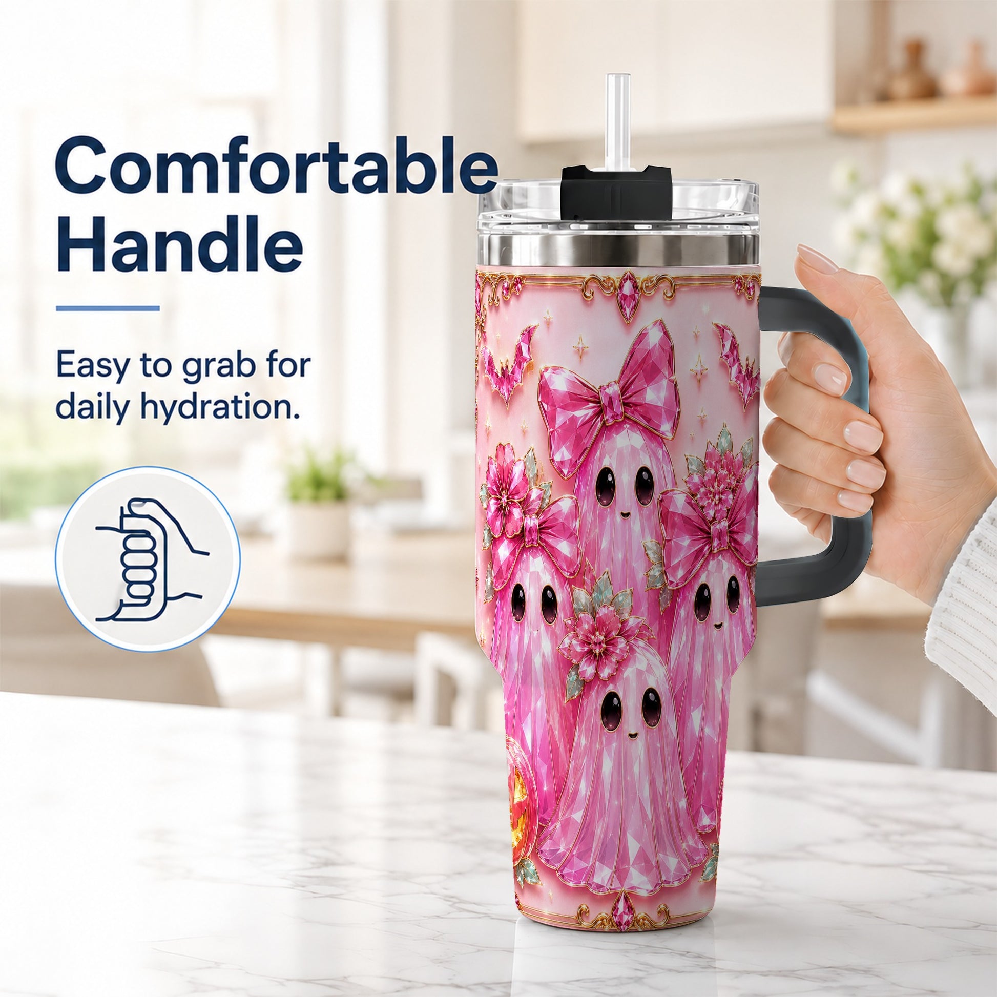 #pl[40oz|Black] Halloween Ghost 40oz Tumbler with Handle, Cute Spooky Travel Cup