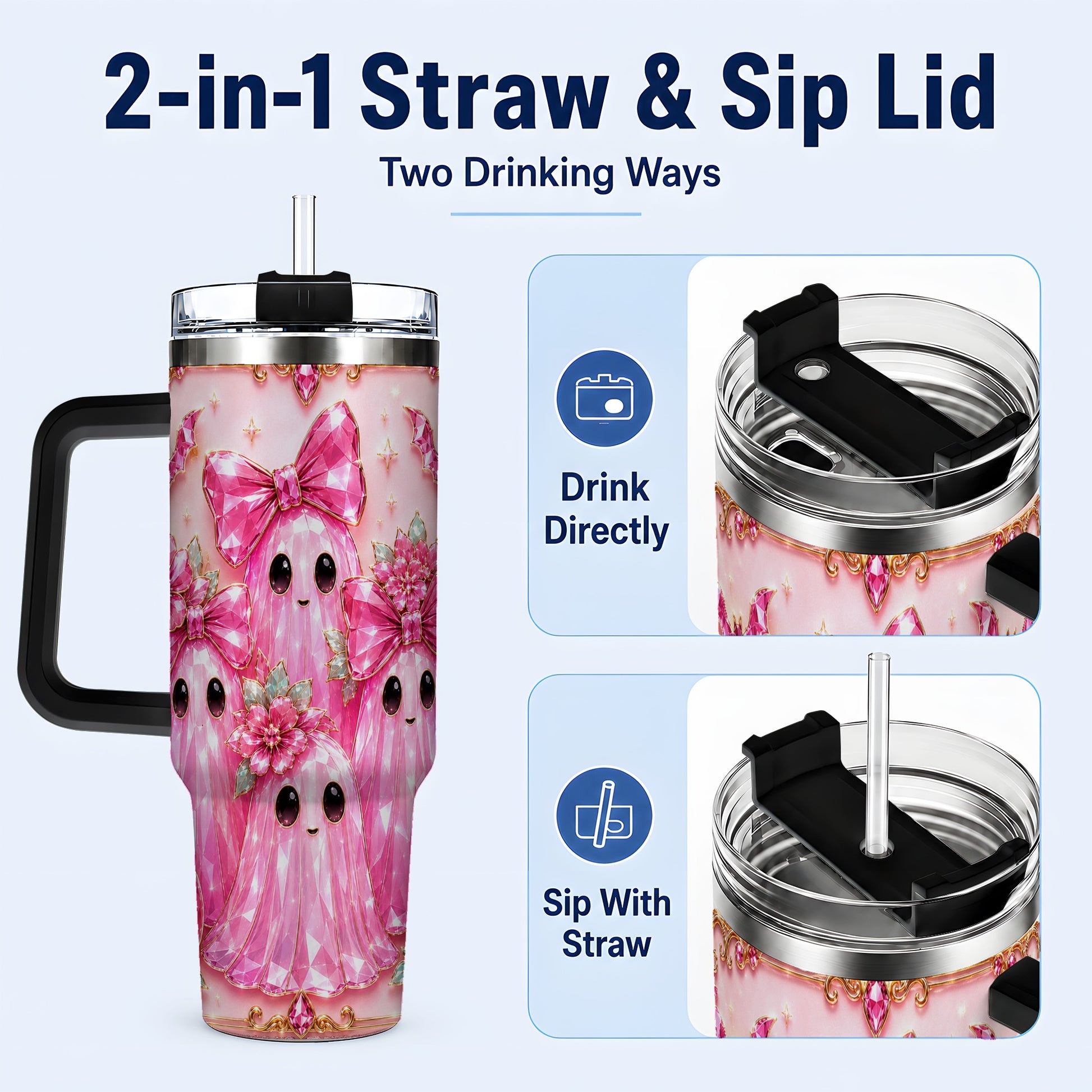 #pl[40oz|Black] Halloween Ghost 40oz Tumbler with Handle, Cute Spooky Travel Cup