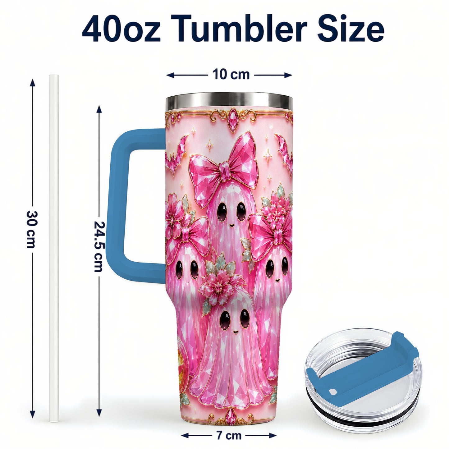 #pl[40oz|Blue] Halloween Ghost 40oz Tumbler with Handle, Cute Spooky Travel Cup