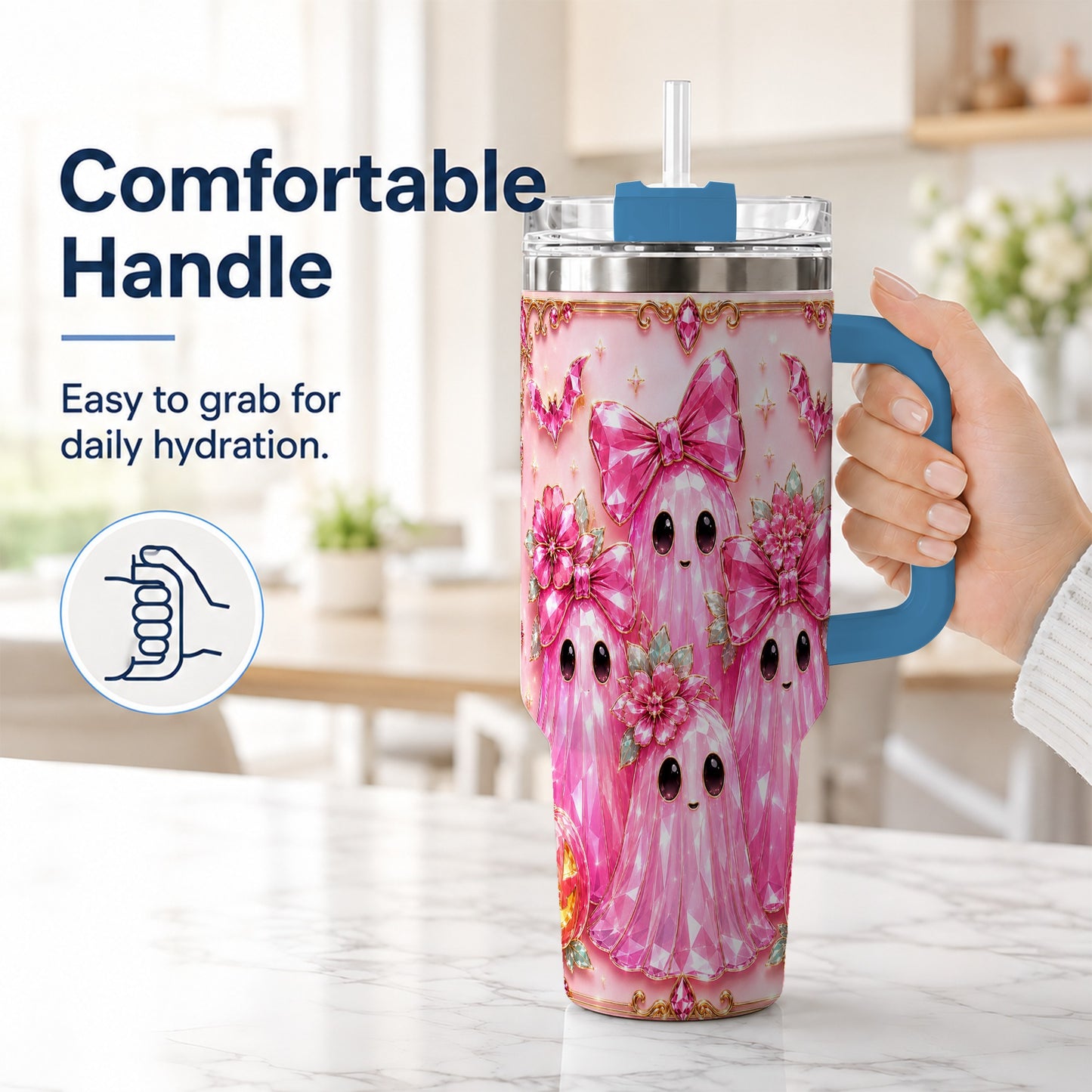 #pl[40oz|Blue] Halloween Ghost 40oz Tumbler with Handle, Cute Spooky Travel Cup