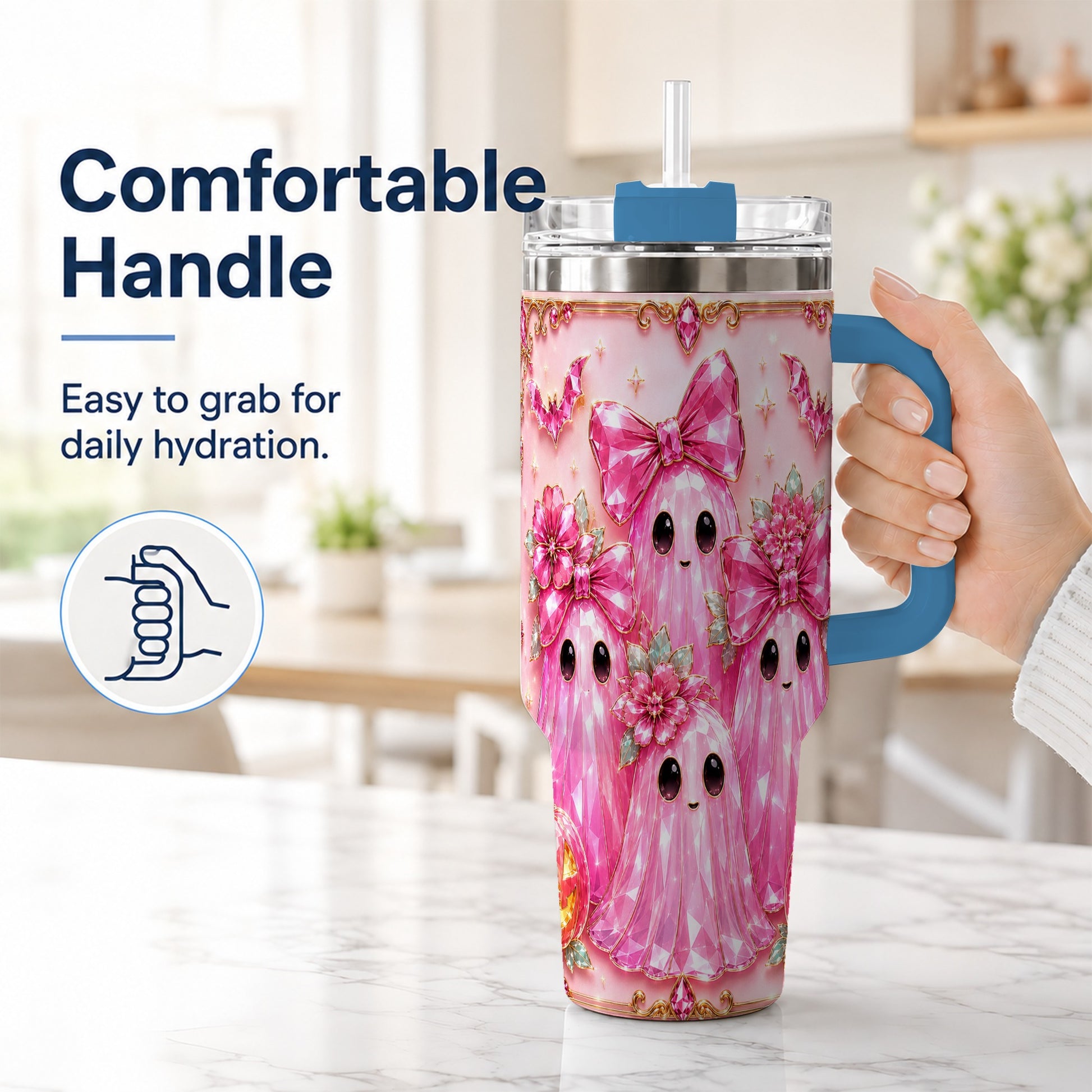 #pl[40oz|Blue] Halloween Ghost 40oz Tumbler with Handle, Cute Spooky Travel Cup