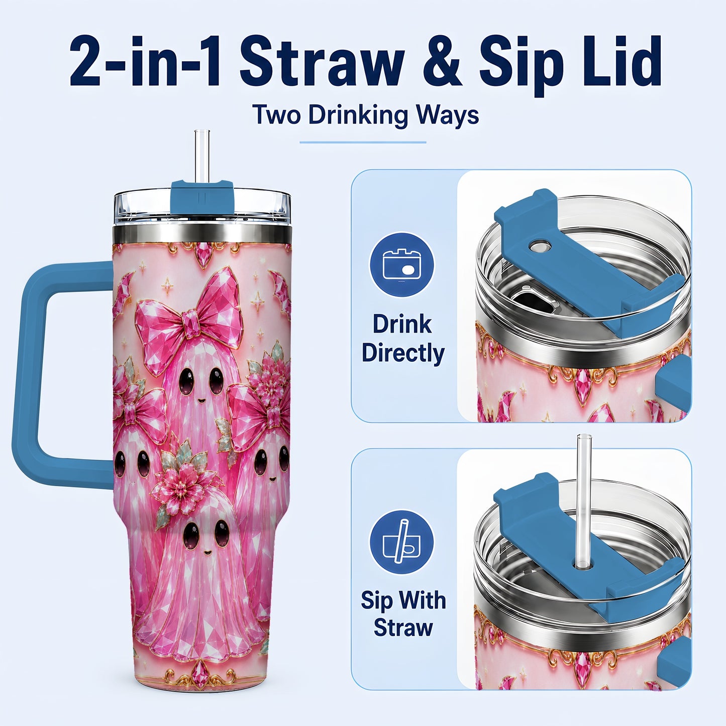 #pl[40oz|Blue] Halloween Ghost 40oz Tumbler with Handle, Cute Spooky Travel Cup