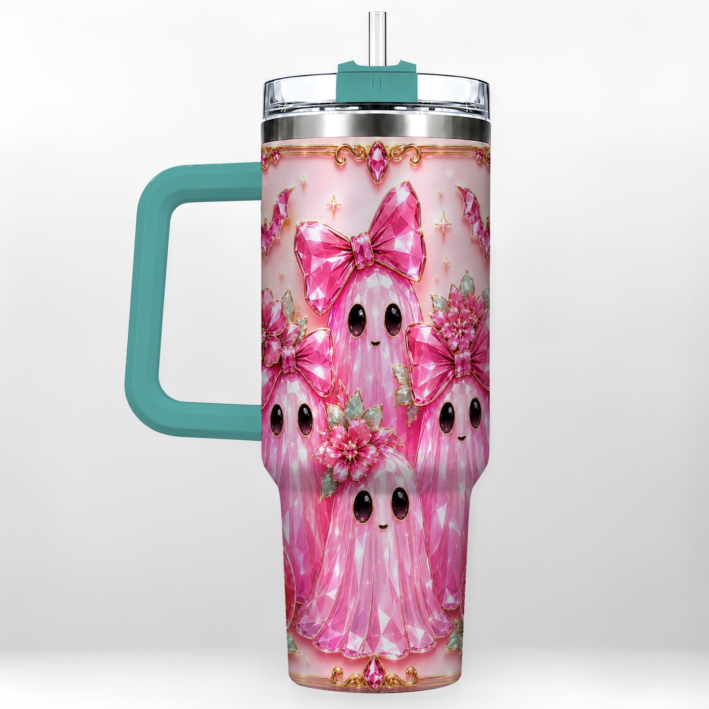 #pl[40oz|Green] Halloween Ghost 40oz Tumbler with Handle, Cute Spooky Travel Cup