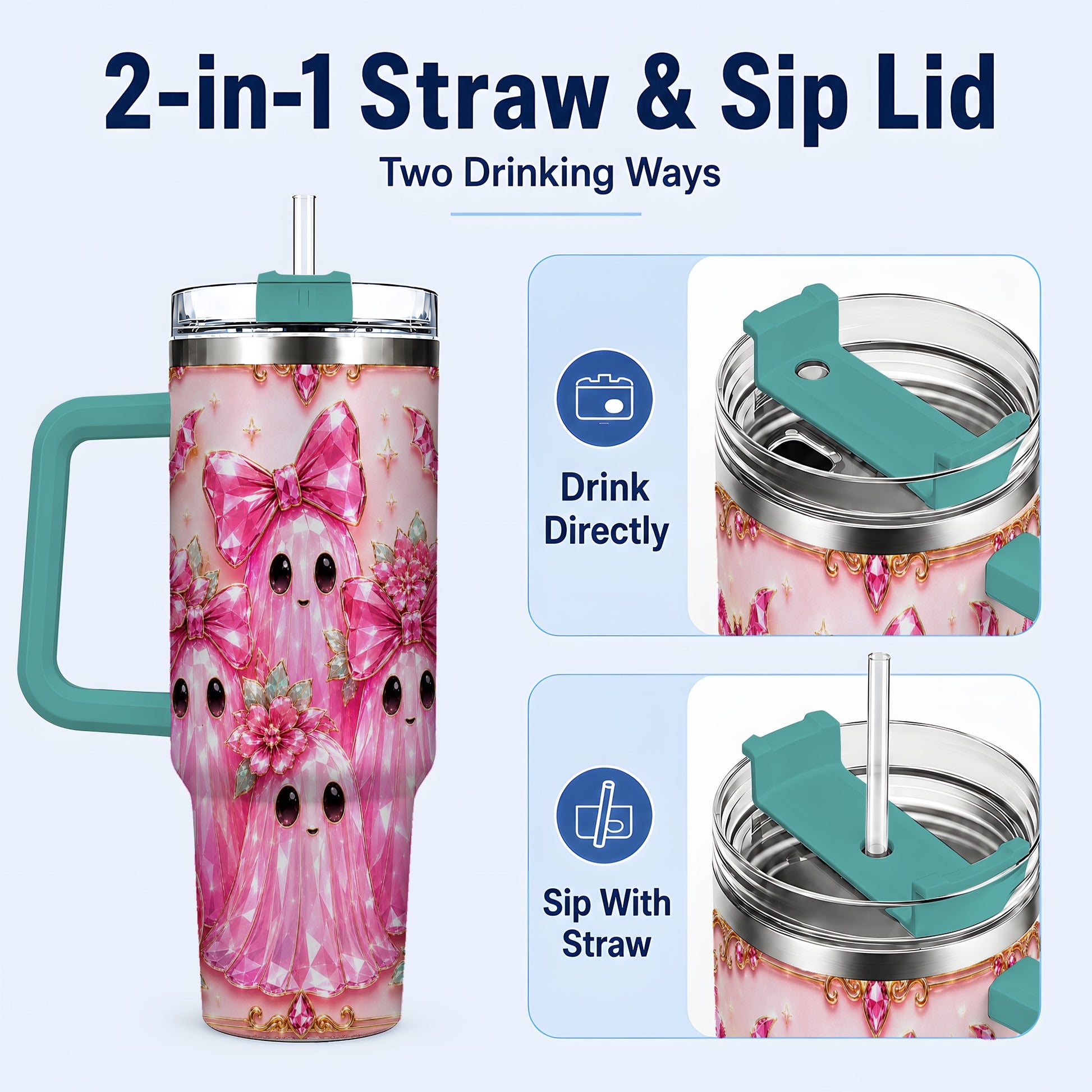 #pl[40oz|Green] Halloween Ghost 40oz Tumbler with Handle, Cute Spooky Travel Cup