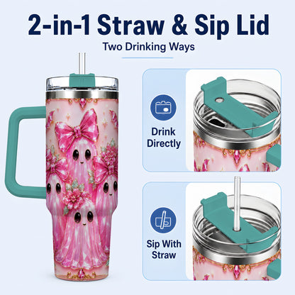 #pl[40oz|Green] Halloween Ghost 40oz Tumbler with Handle, Cute Spooky Travel Cup