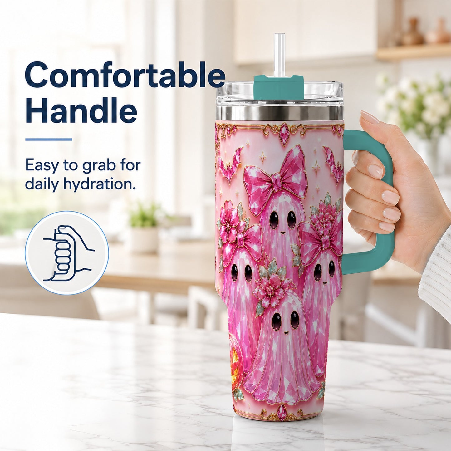 #pl[40oz|Green] Halloween Ghost 40oz Tumbler with Handle, Cute Spooky Travel Cup