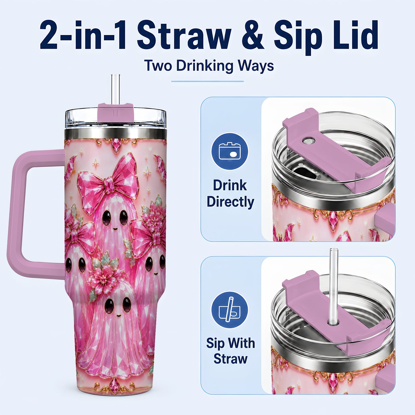 #pl[40oz|Pink] Halloween Ghost 40oz Tumbler with Handle, Cute Spooky Travel Cup