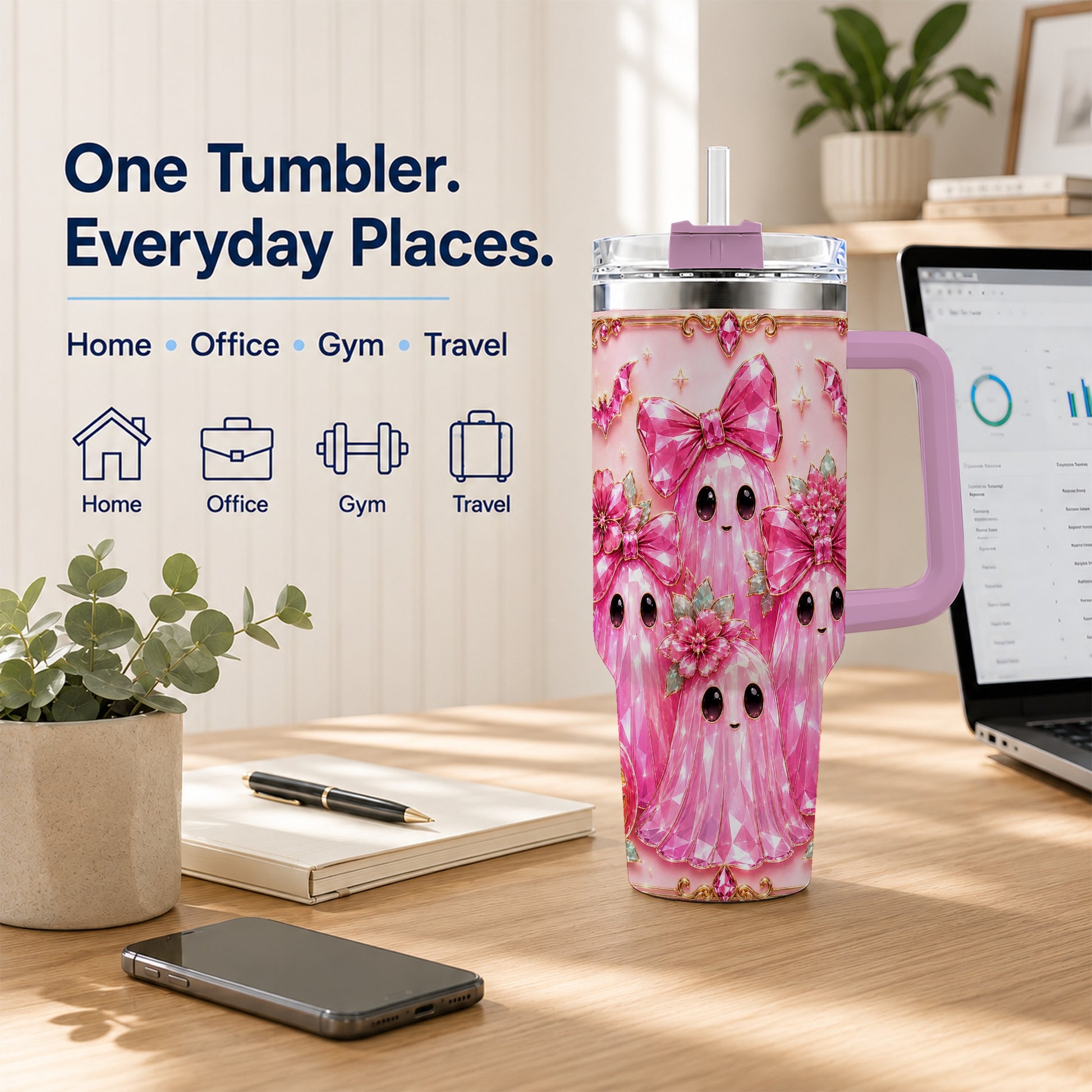 #pl[40oz|Pink] Halloween Ghost 40oz Tumbler with Handle, Cute Spooky Travel Cup