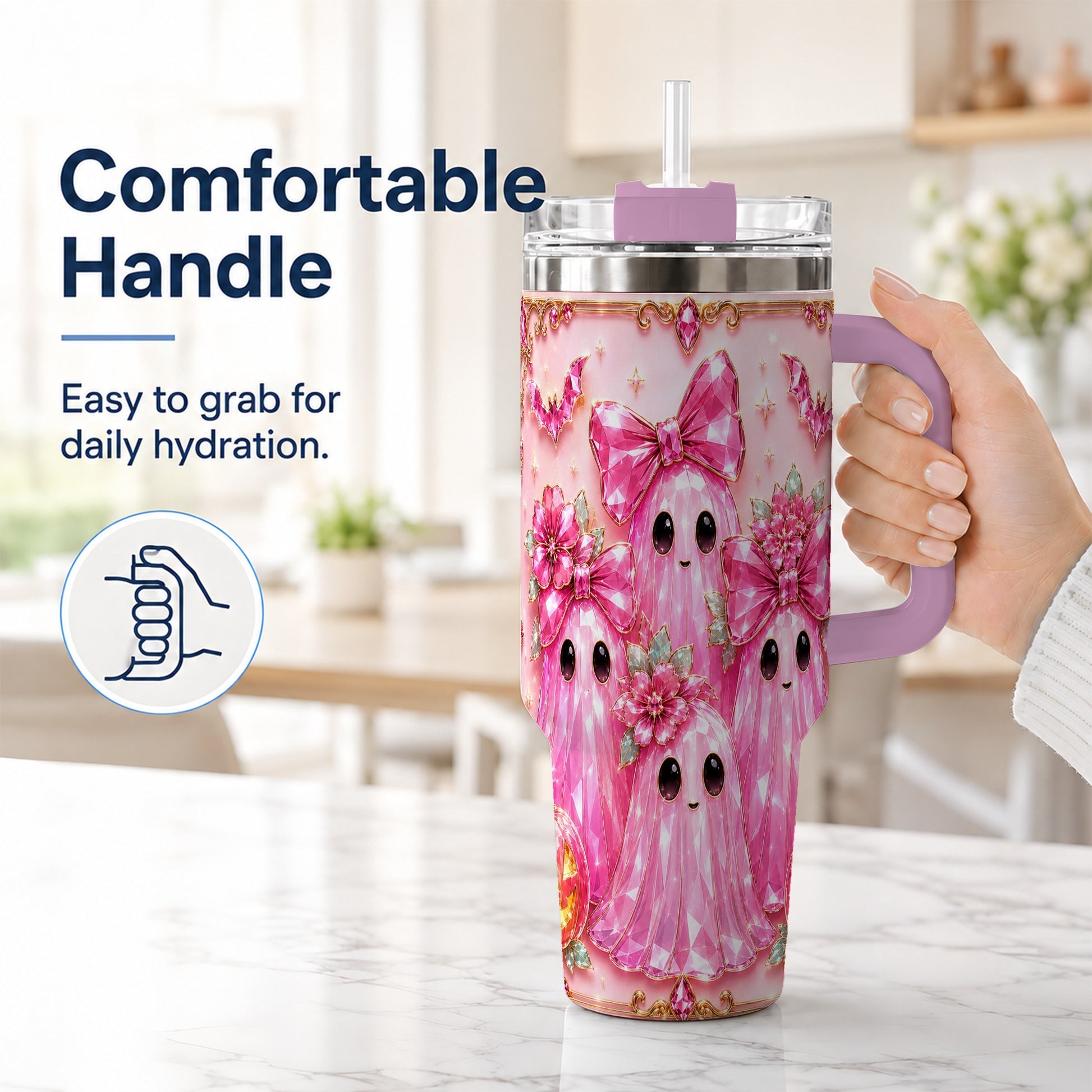 #pl[40oz|Pink] Halloween Ghost 40oz Tumbler with Handle, Cute Spooky Travel Cup