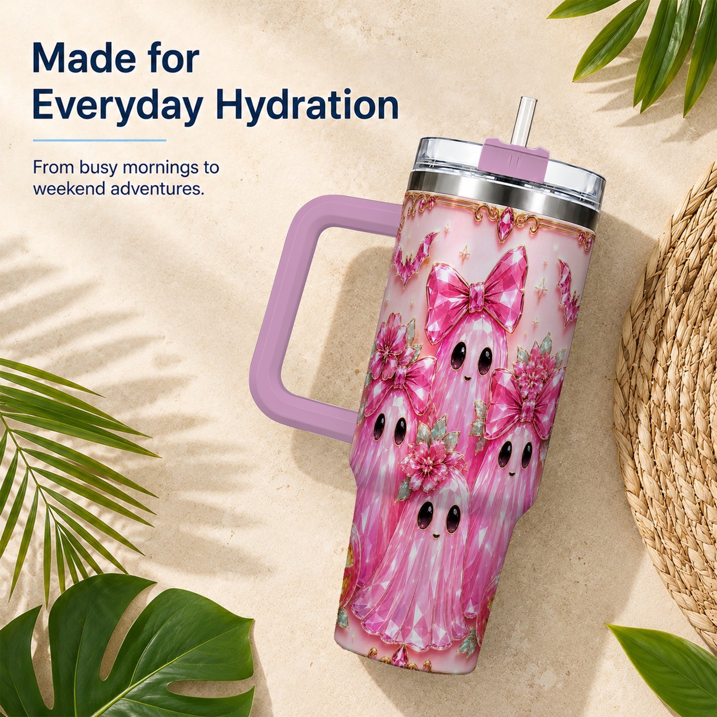 #pl[40oz|Pink] Halloween Ghost 40oz Tumbler with Handle, Cute Spooky Travel Cup